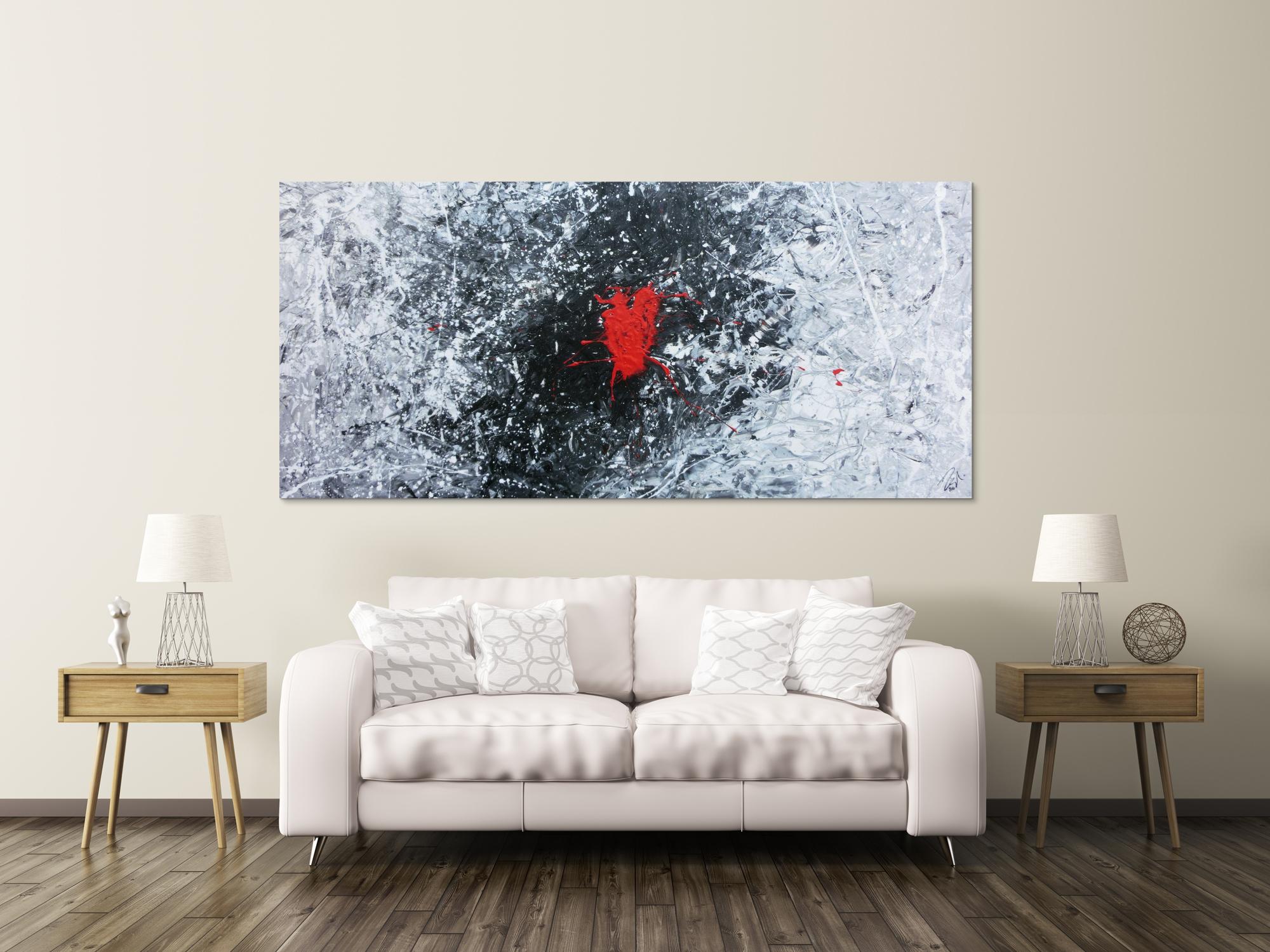 Abstraktes Acrylgemälde in schwarz weiß grau und rot