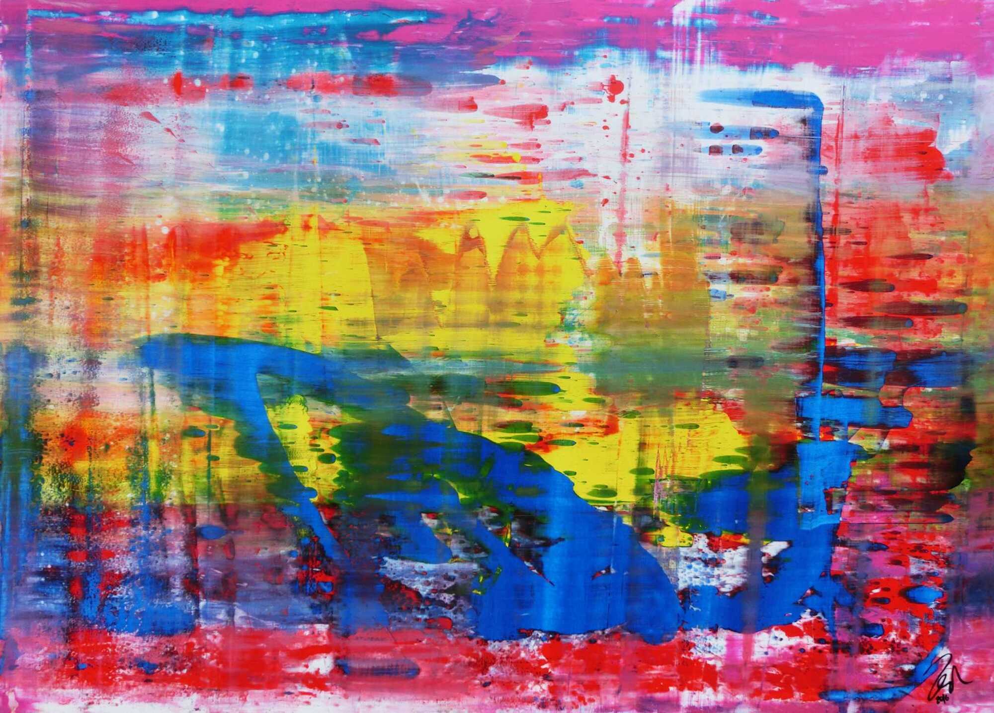 Abstraktes Acrylbild modern und zeitgenössisch in blau gelb und pink