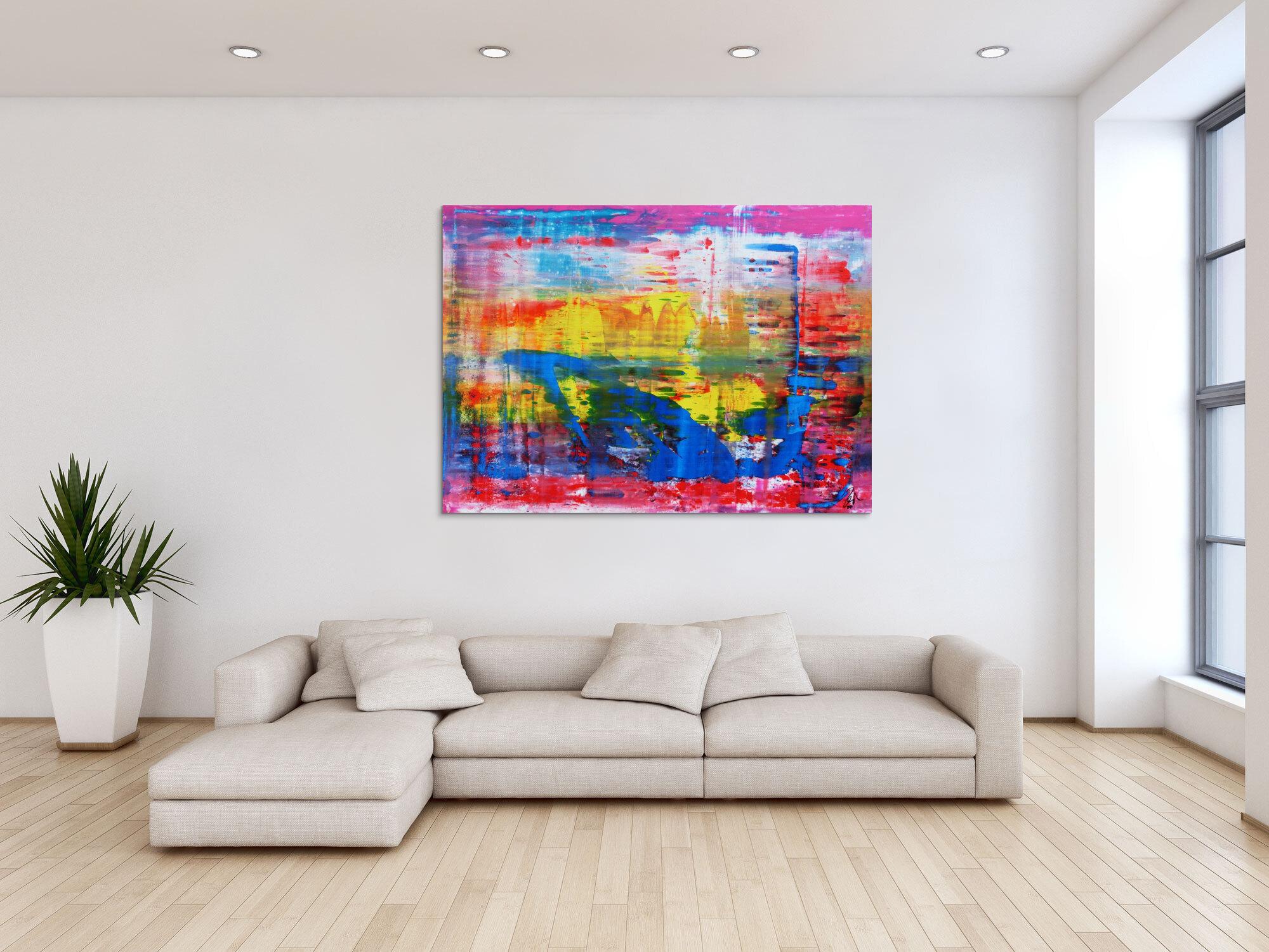 Abstraktes Acrylbild modern und zeitgenössisch in blau gelb und pink