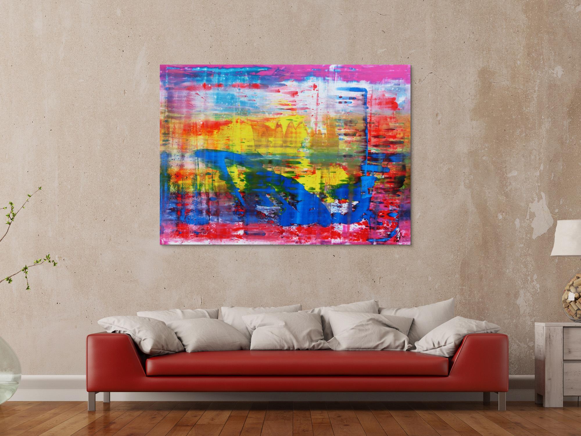 Abstraktes Acrylbild modern und zeitgenössisch in blau gelb und pink