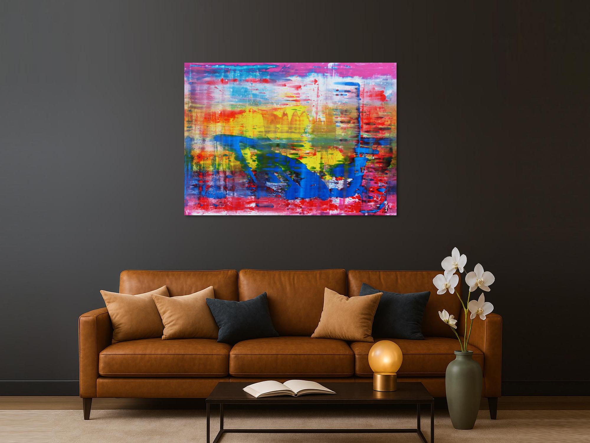 Abstraktes Acrylbild modern und zeitgenössisch in blau gelb und pink