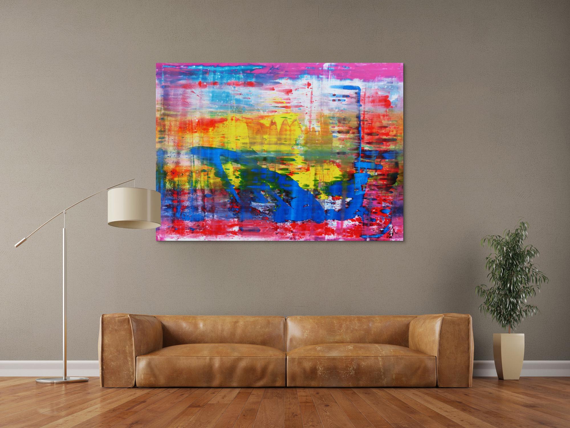 Abstraktes Acrylbild modern und zeitgenössisch in blau gelb und pink