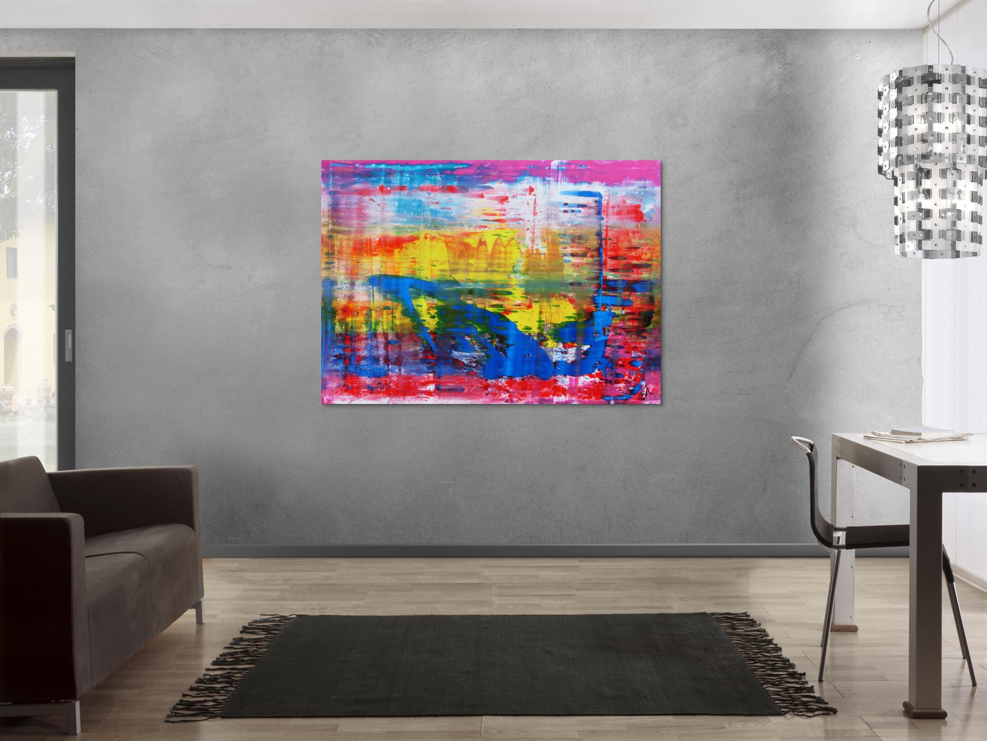 Abstraktes Acrylbild modern und zeitgenössisch in blau gelb und pink