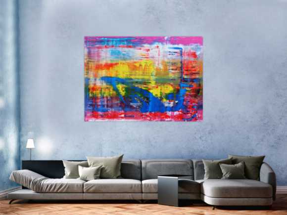Abstraktes Acrylbild modern und zeitgenössisch in blau gelb und pink