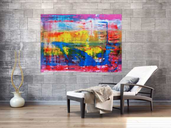 Abstraktes Acrylbild modern und zeitgenössisch in blau gelb und pink