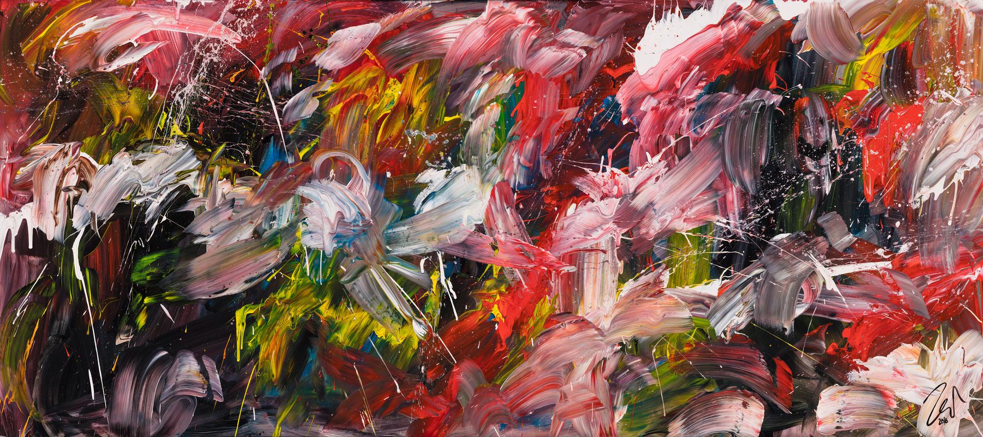 Original Gemälde abstrakt 80x180cm Action Painting Modern Art handgemalt Mischtechnik bunt schwarz weiß Unikat