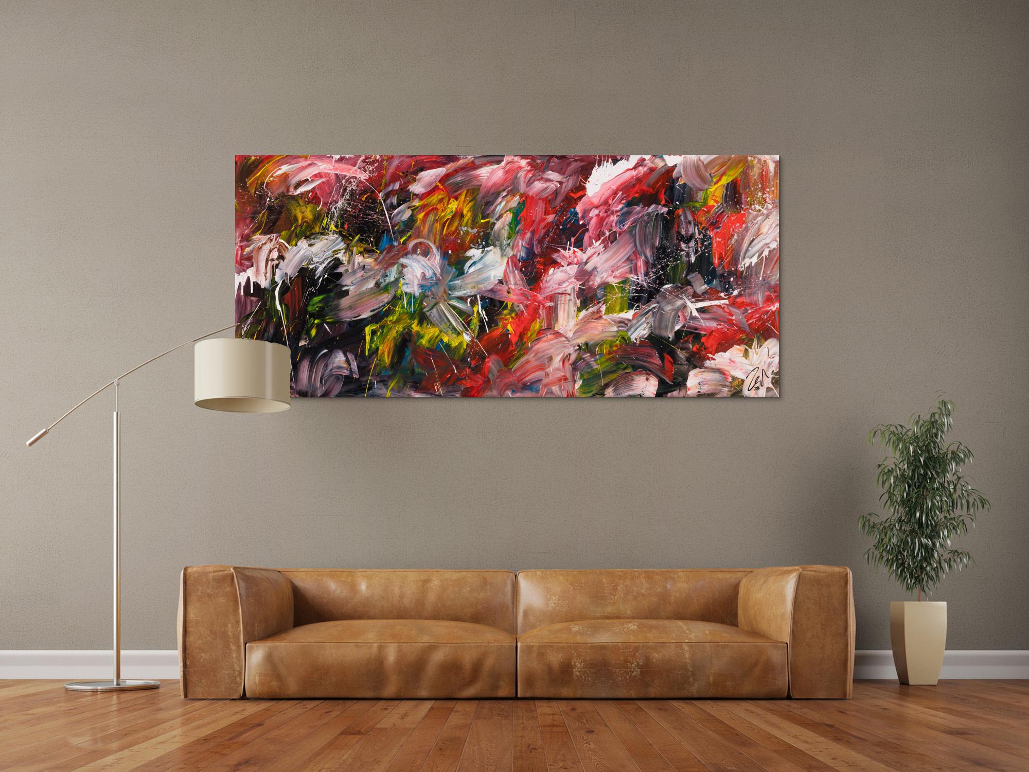 Original Gemälde abstrakt 80x180cm Action Painting Modern Art handgemalt Mischtechnik bunt schwarz weiß Unikat