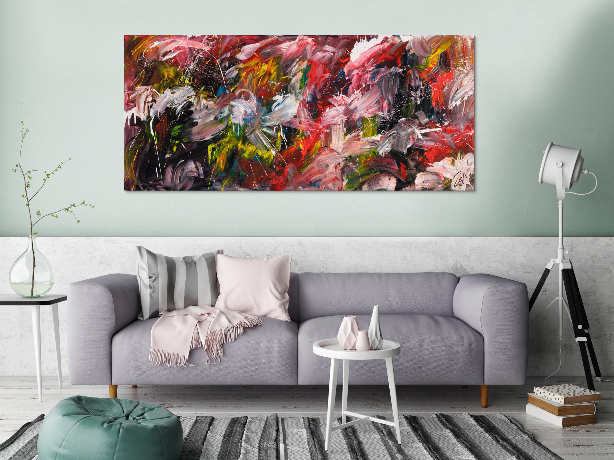 Original Gemälde abstrakt 80x180cm Action Painting Modern Art handgemalt Mischtechnik bunt schwarz weiß Unikat