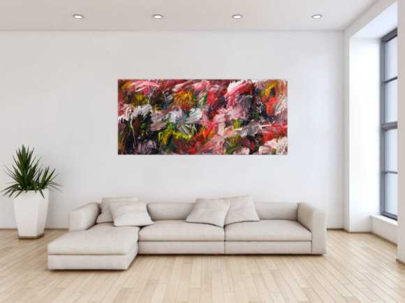 Original Gemälde abstrakt 80x180cm Action Painting Modern Art handgemalt Mischtechnik bunt schwarz weiß Unikat