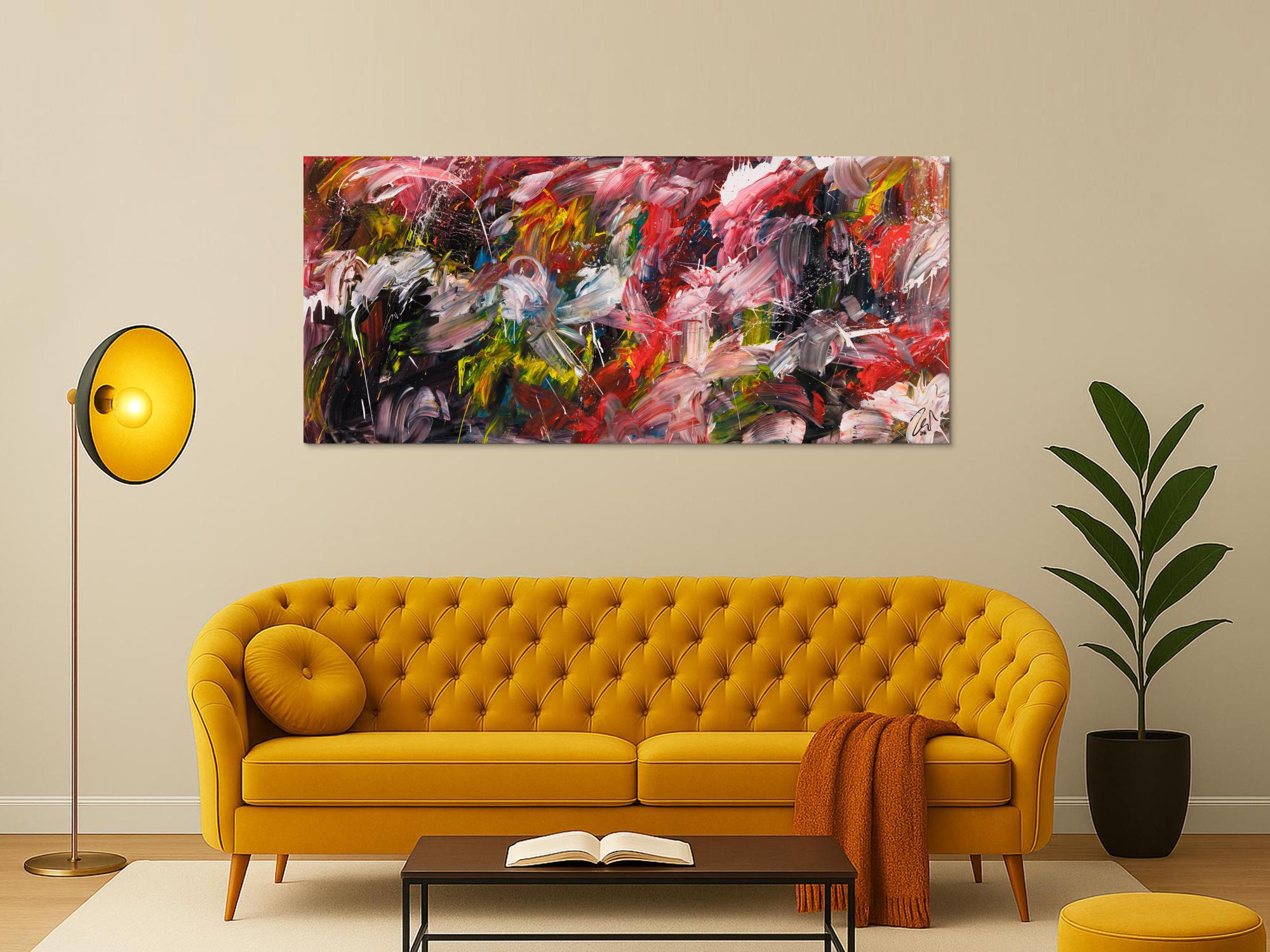 Original Gemälde abstrakt 80x180cm Action Painting Modern Art handgemalt Mischtechnik bunt schwarz weiß Unikat