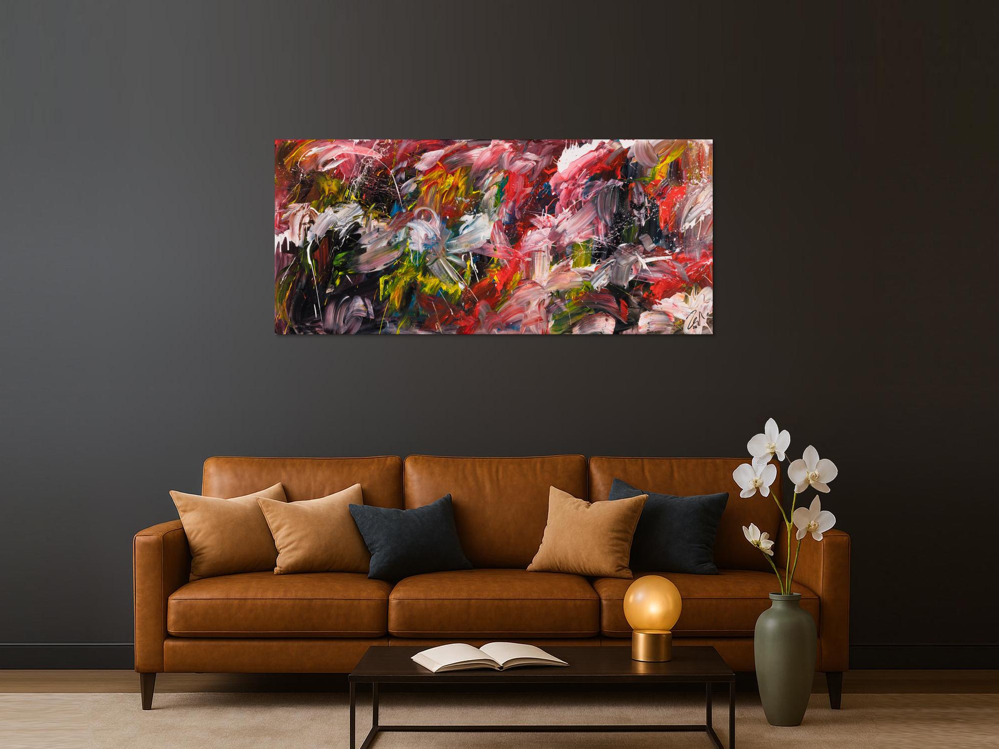 Original Gemälde abstrakt 80x180cm Action Painting Modern Art handgemalt Mischtechnik bunt schwarz weiß Unikat