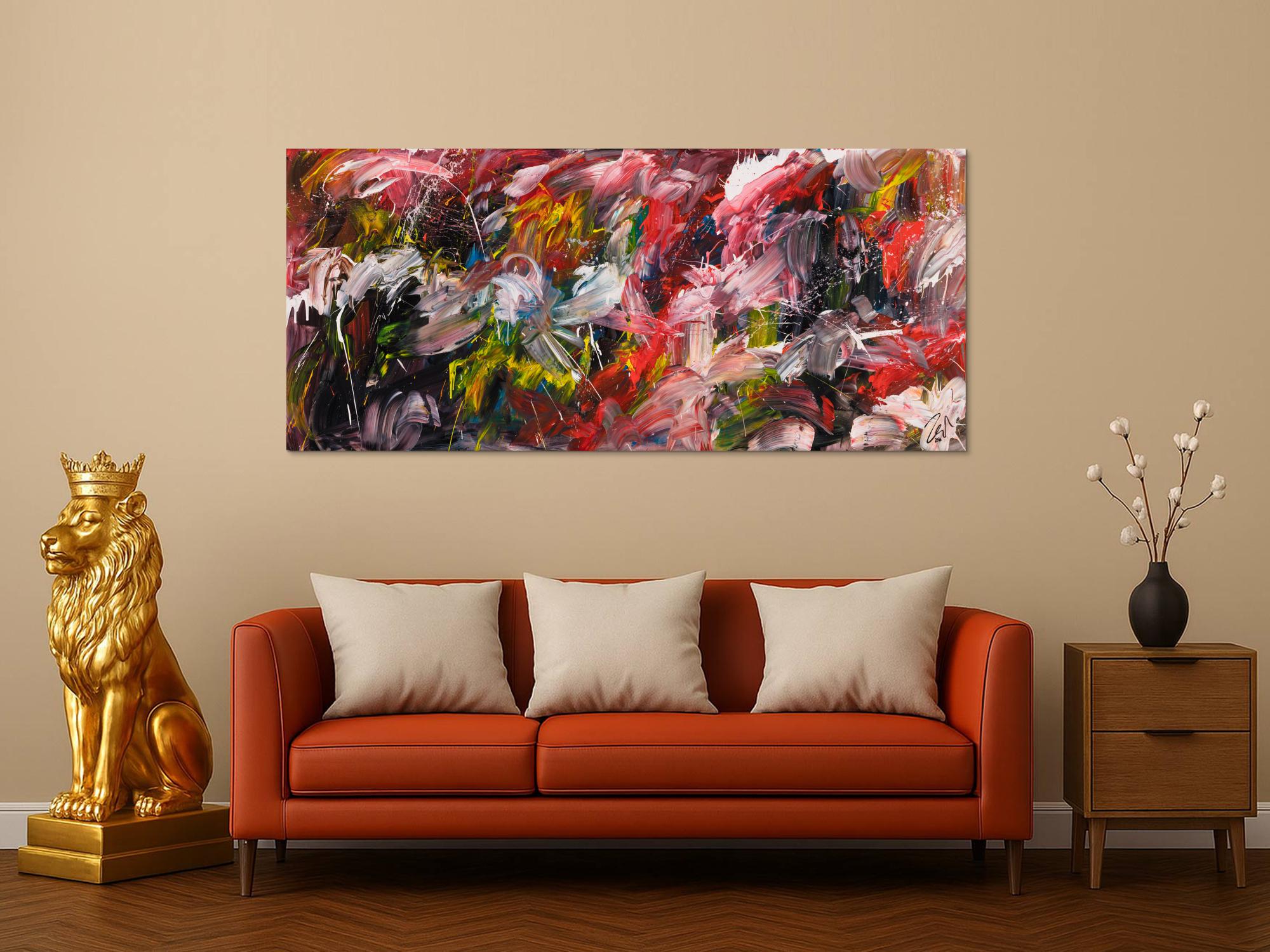 Original Gemälde abstrakt 80x180cm Action Painting Modern Art handgemalt Mischtechnik bunt schwarz weiß Unikat