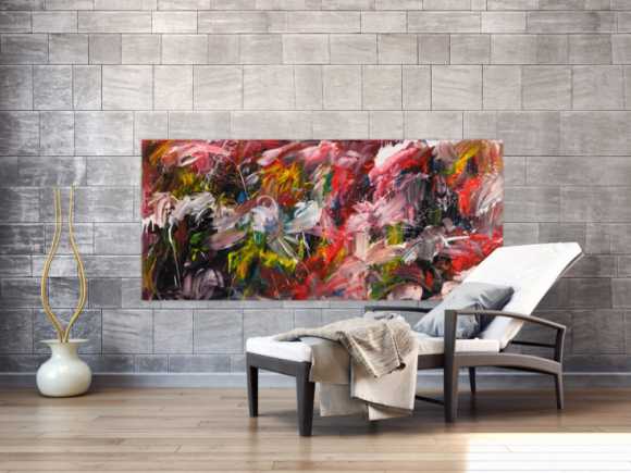 Original Gemälde abstrakt 80x180cm Action Painting Modern Art handgemalt Mischtechnik bunt schwarz weiß Unikat