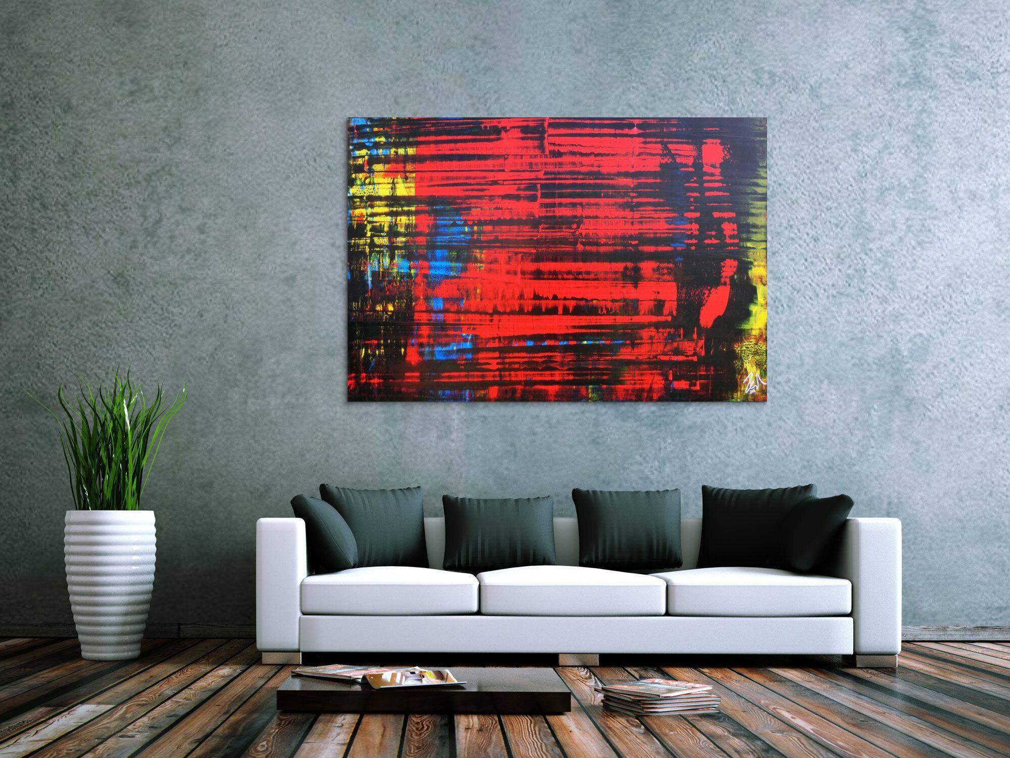 Abstraktes Acrylgemälde mit viel Rot modern und zeitgenössisch