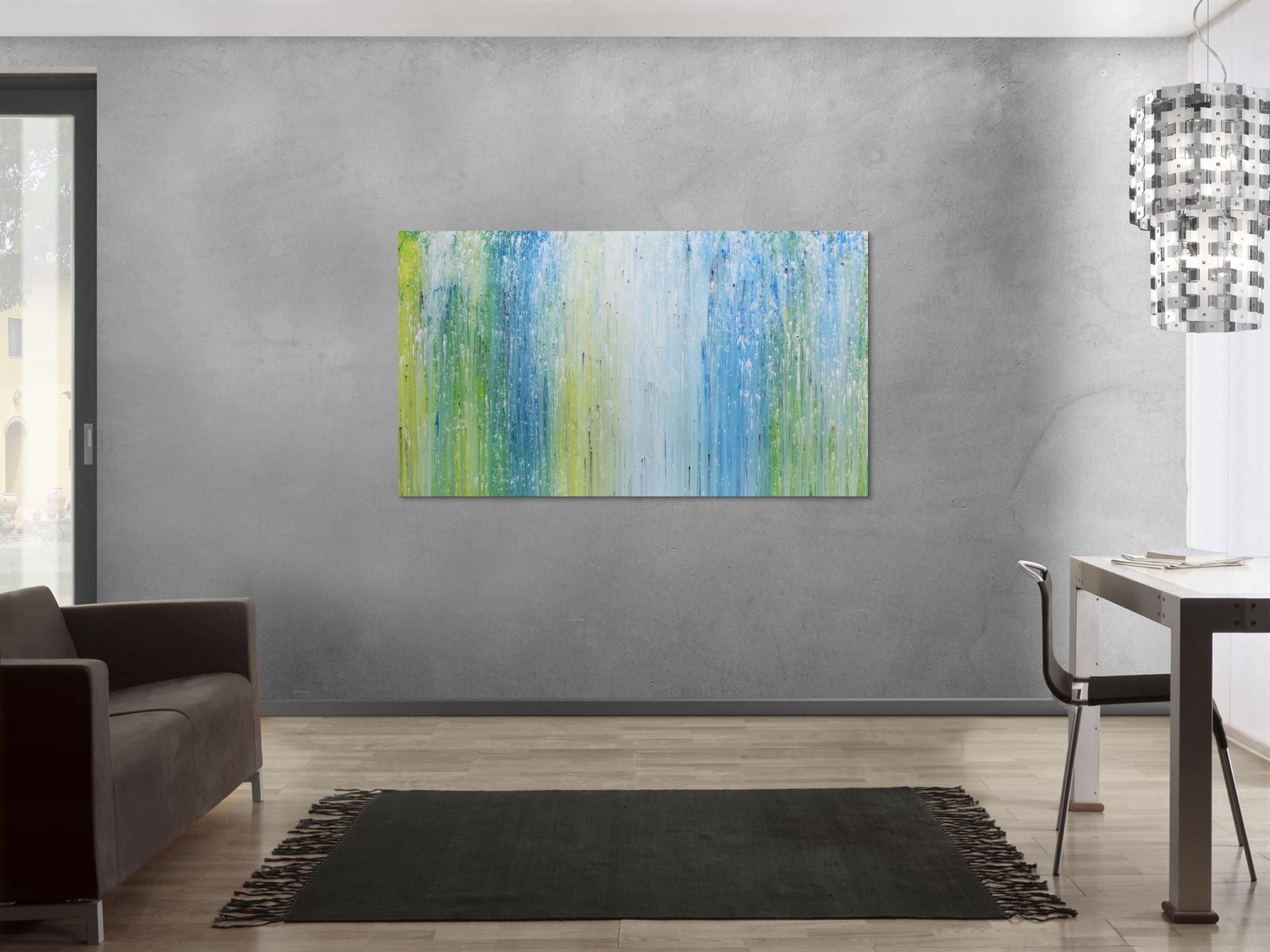 Modernes Acrylgemälde mit hellen Farben in blau türkis grün und weiß