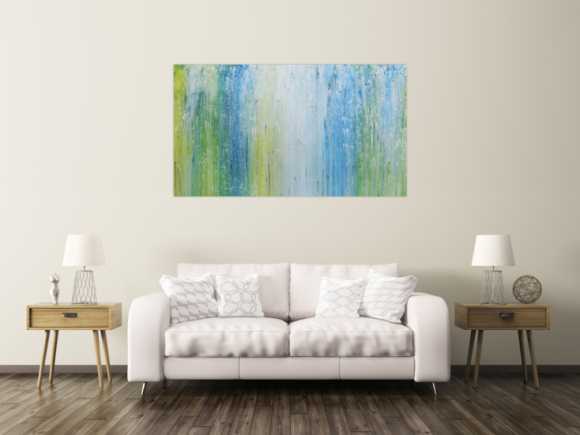 Modernes Acrylgemälde mit hellen Farben in blau türkis grün und weiß