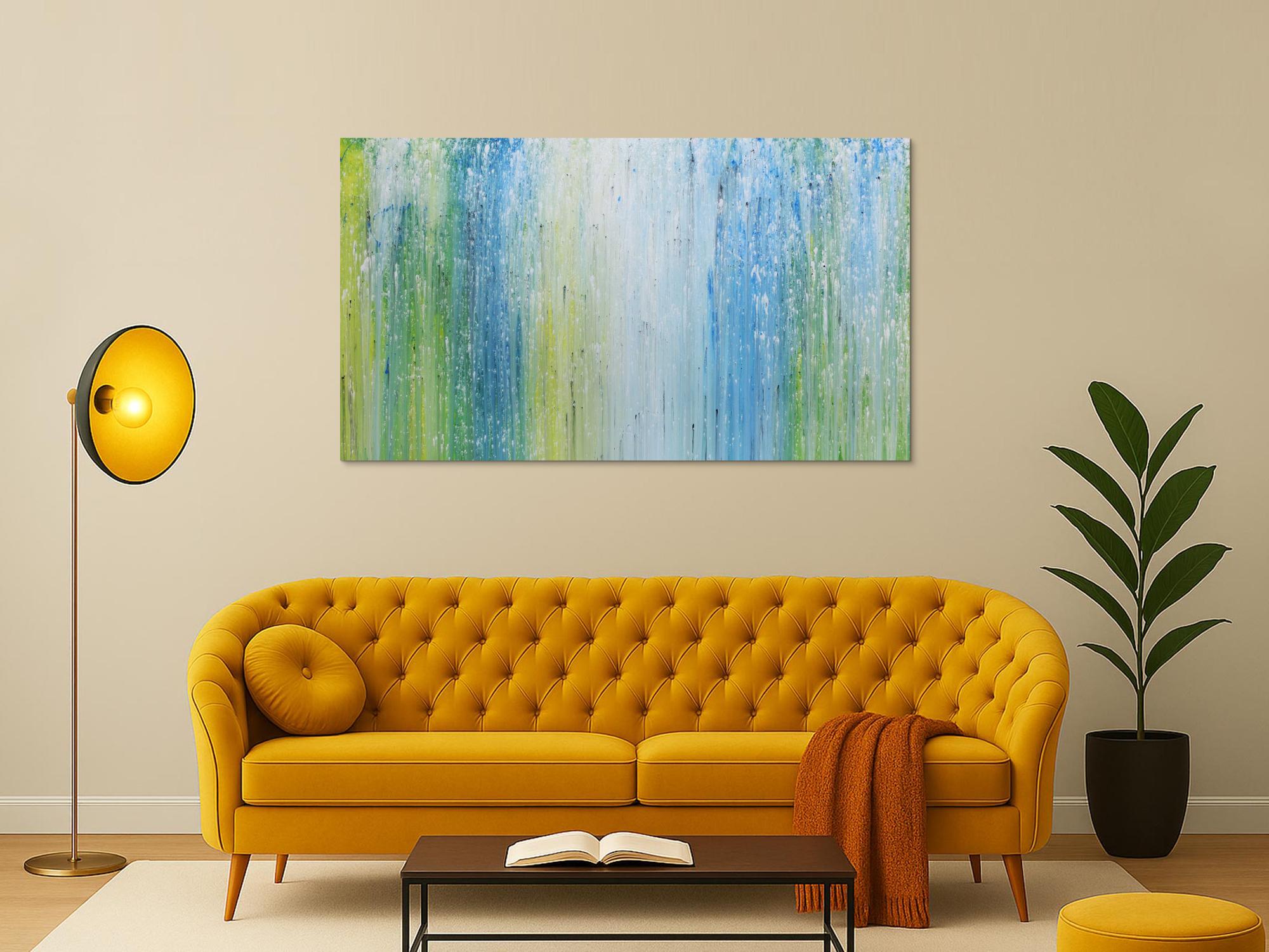 Modernes Acrylgemälde mit hellen Farben in blau türkis grün und weiß