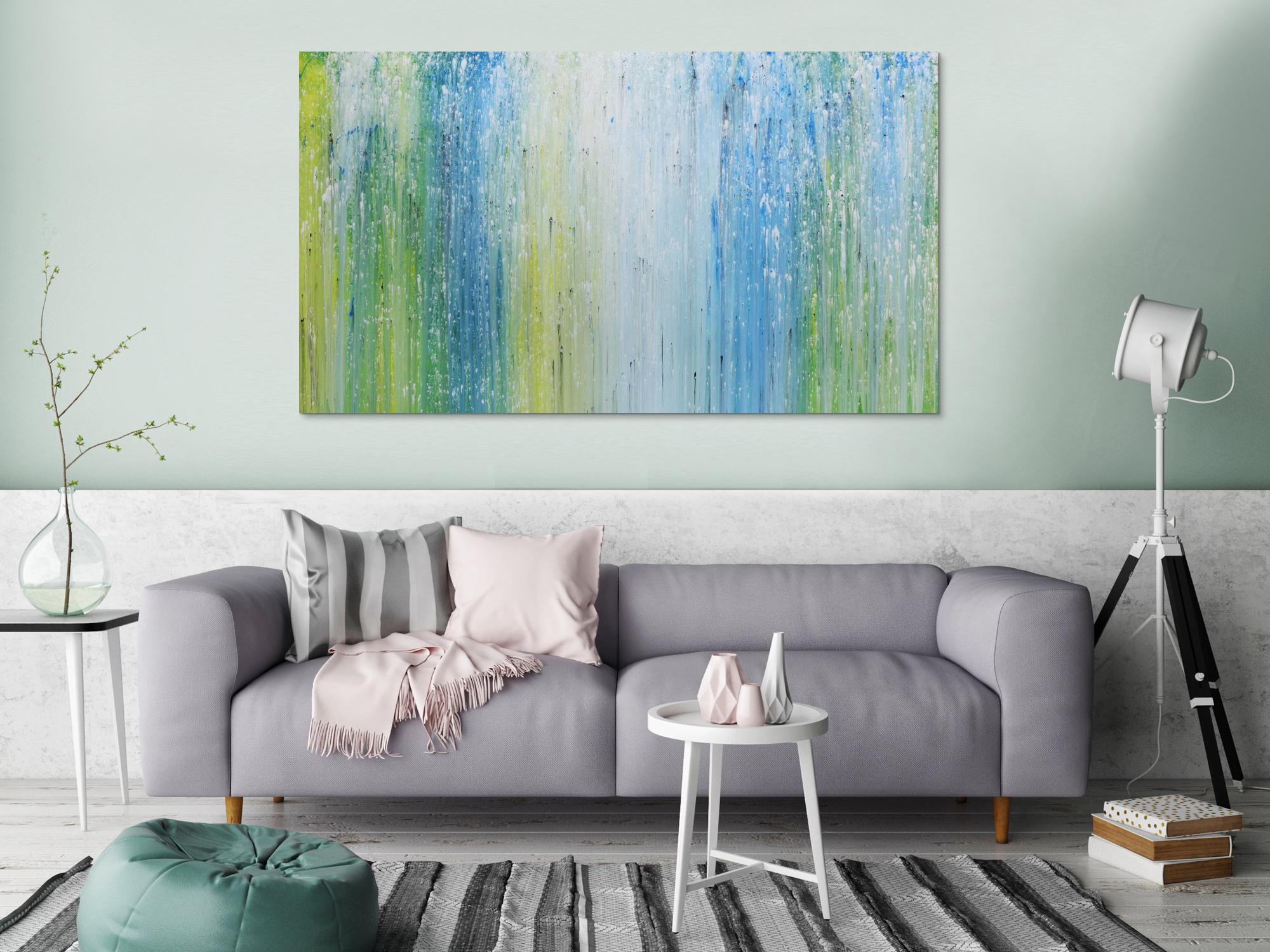 Modernes Acrylgemälde mit hellen Farben in blau türkis grün und weiß