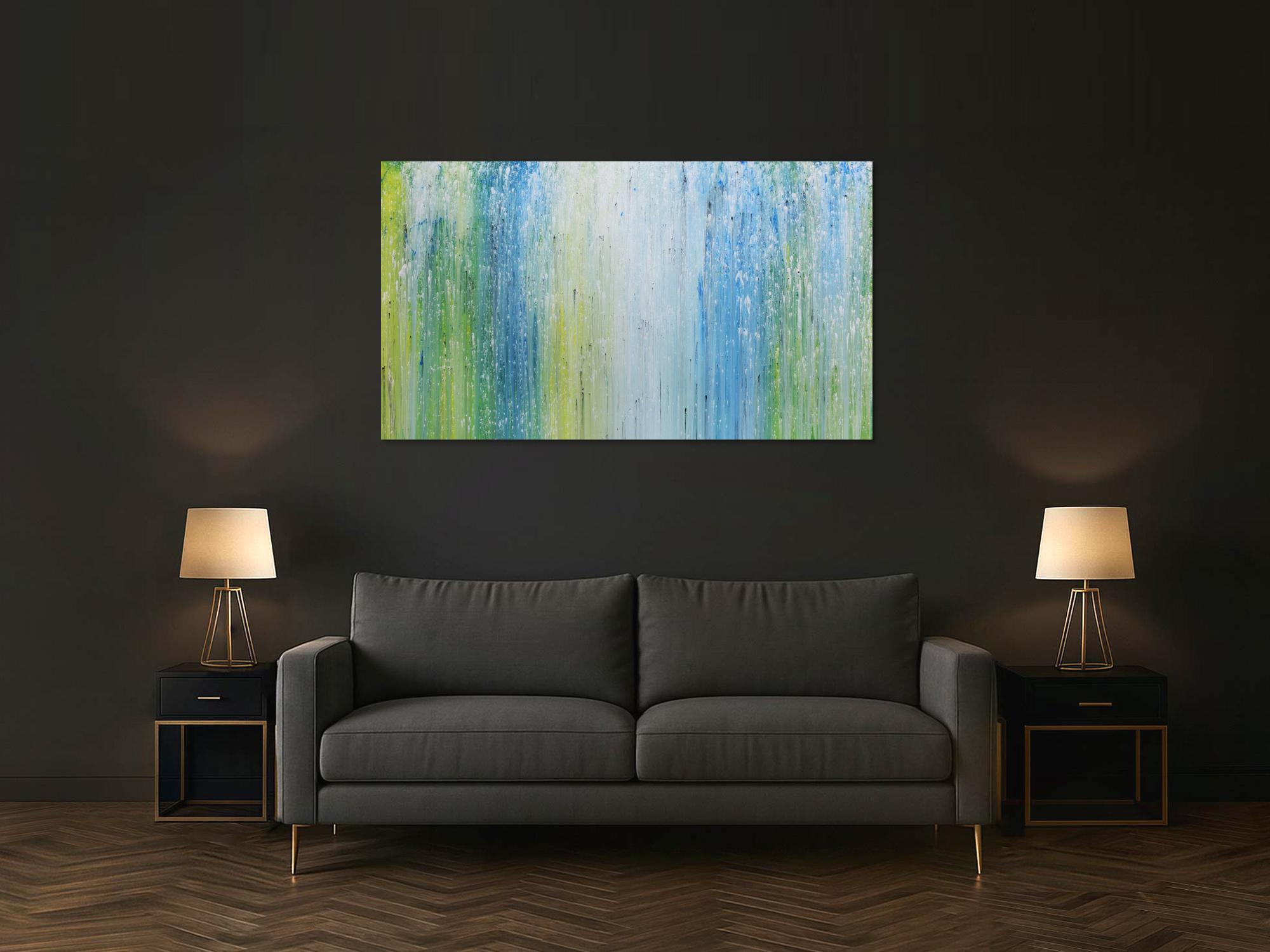 Modernes Acrylgemälde mit hellen Farben in blau türkis grün und weiß