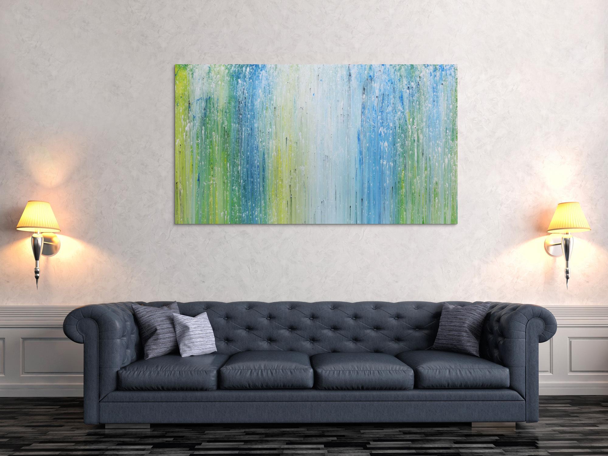 Modernes Acrylgemälde mit hellen Farben in blau türkis grün und weiß