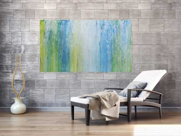Modernes Acrylgemälde mit hellen Farben in blau türkis grün und weiß