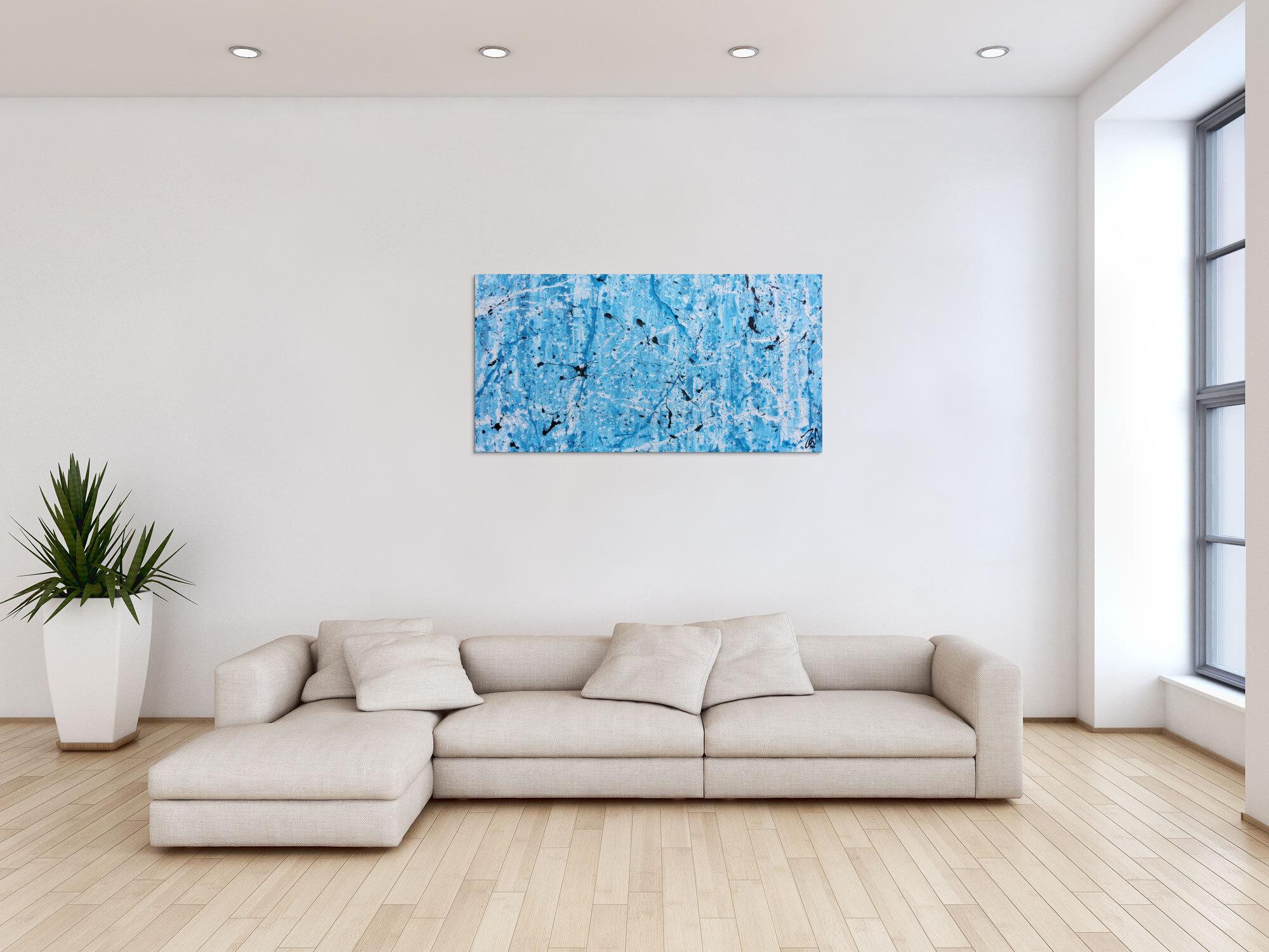 Modernes abstraktes Acrylgemälde in türkis und weiß