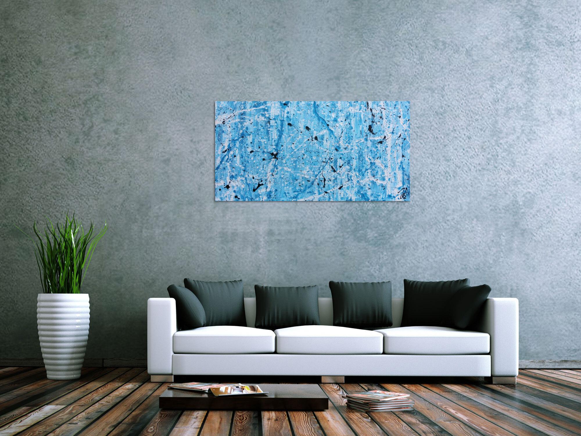 Modernes abstraktes Acrylgemälde in türkis und weiß