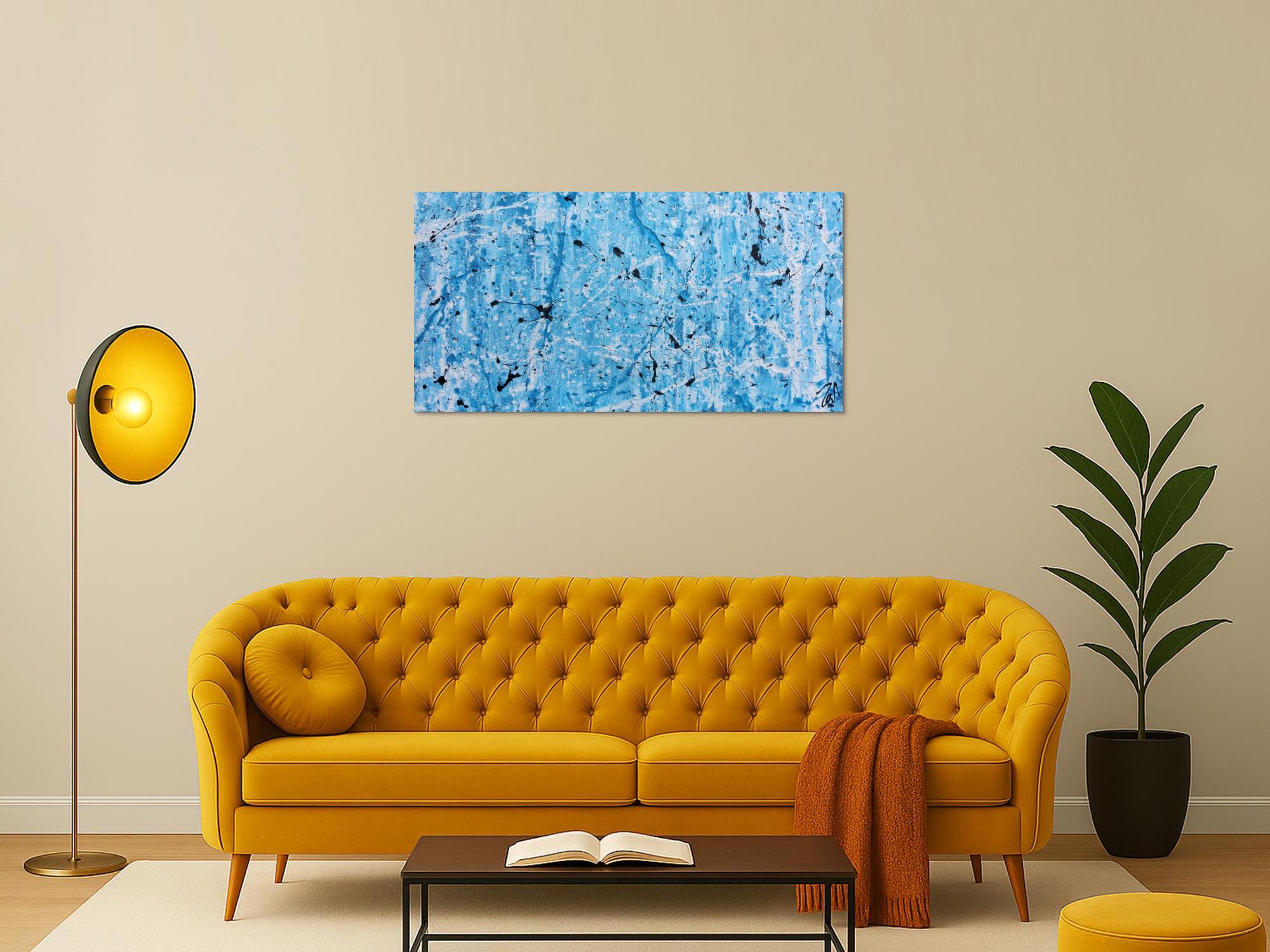 Modernes abstraktes Acrylgemälde in türkis und weiß