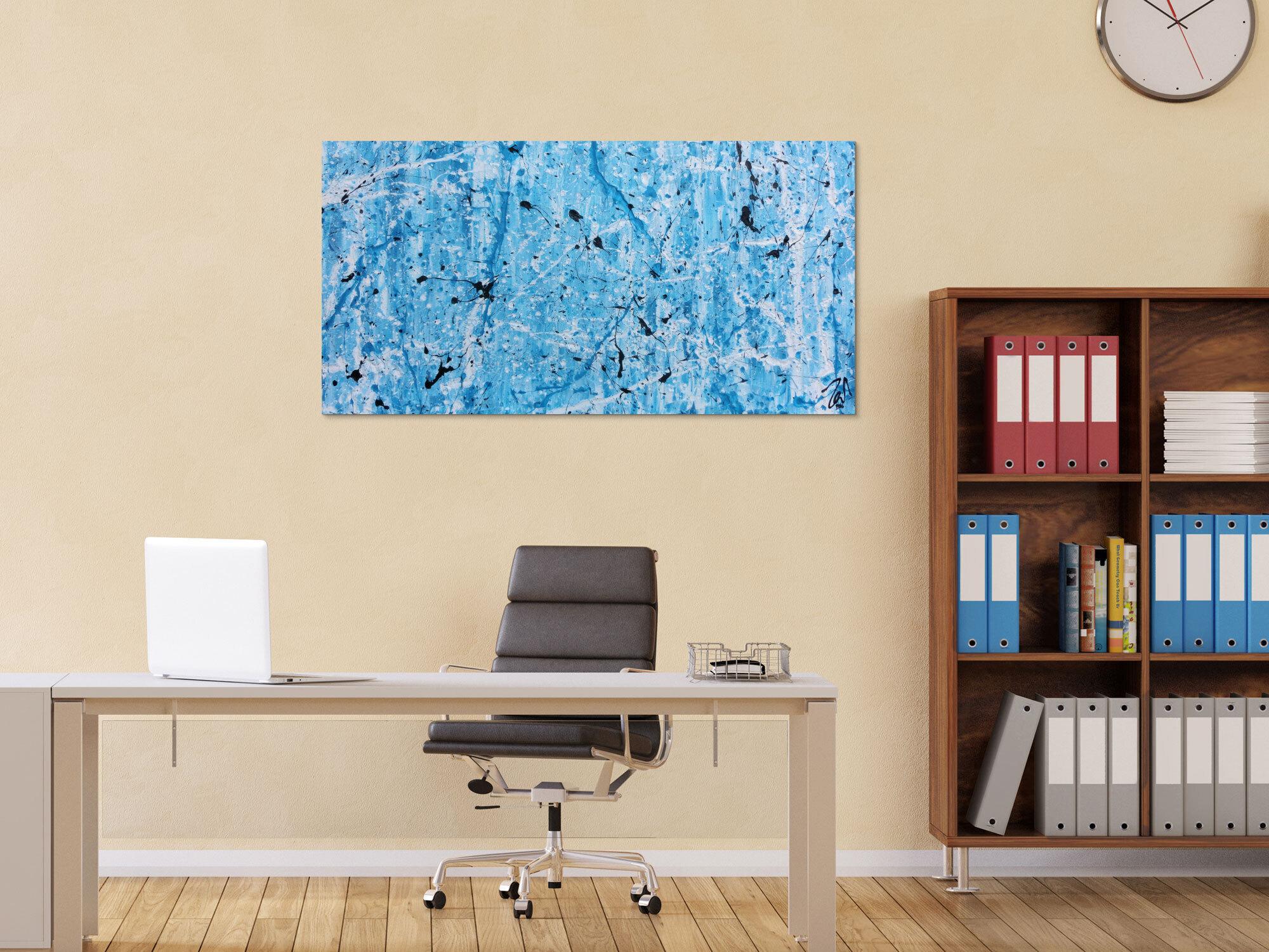 Modernes abstraktes Acrylgemälde in türkis und weiß