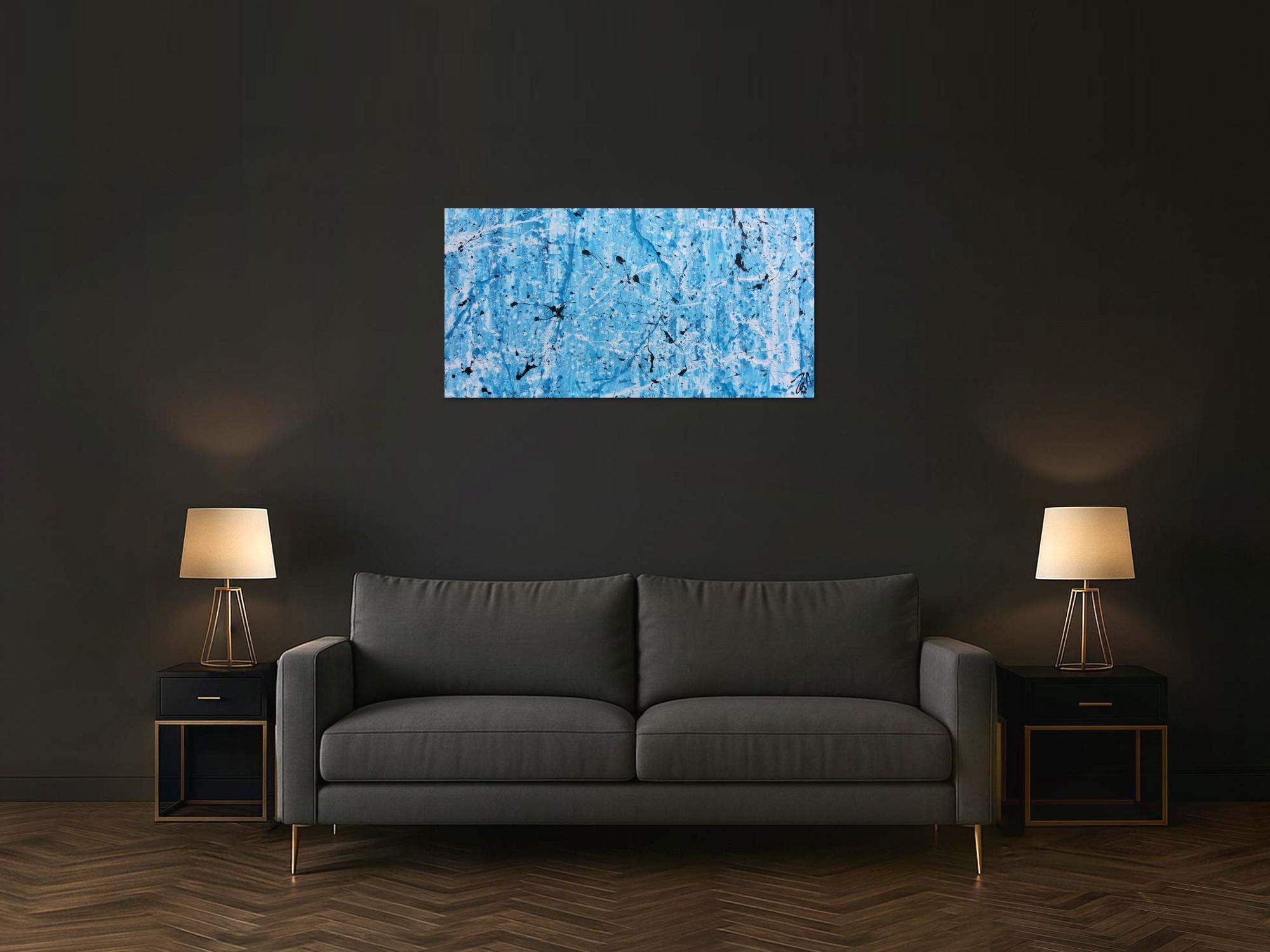 Modernes abstraktes Acrylgemälde in türkis und weiß