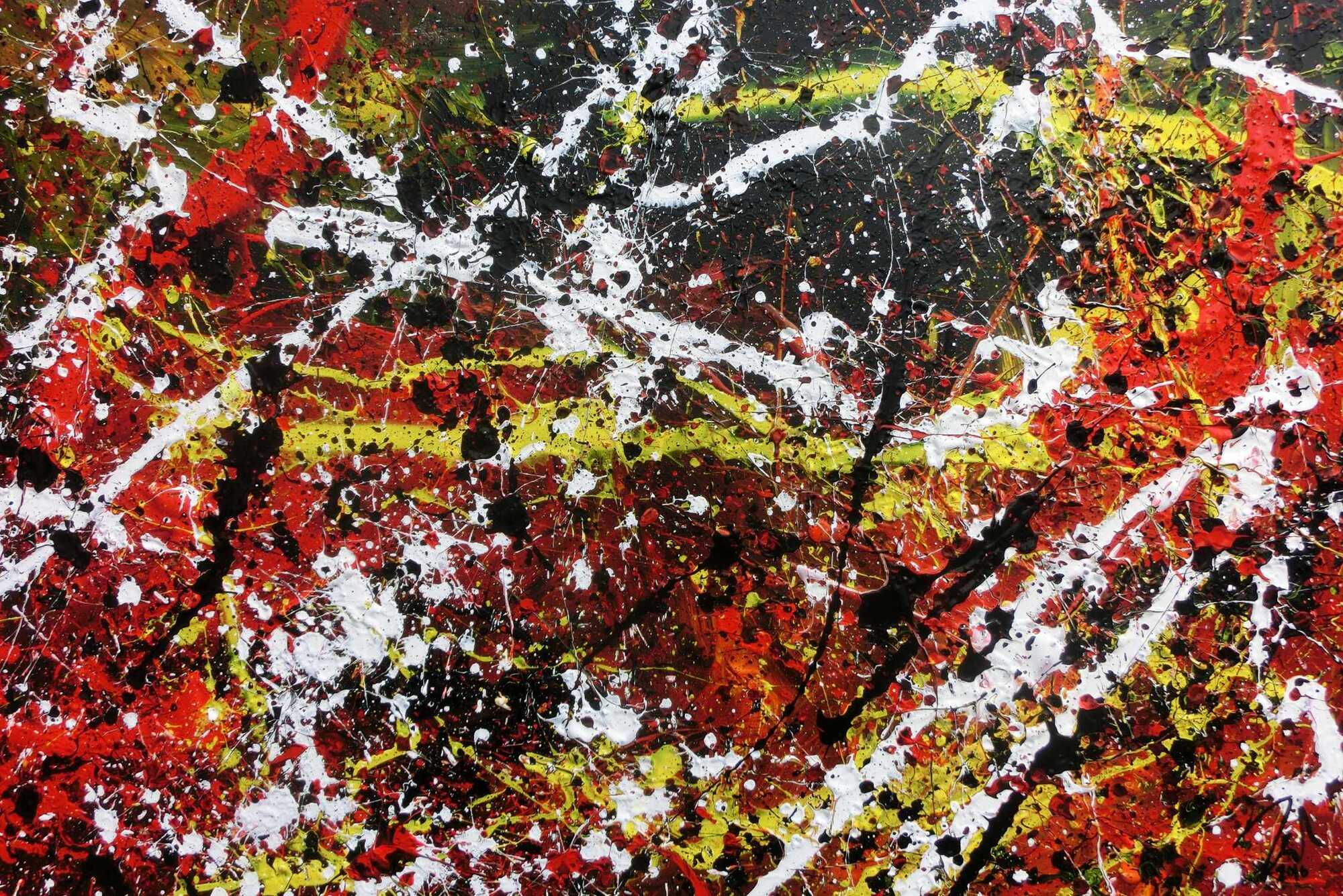 Sehr abstraktes Acrylgemälde in dunklen Farben mit schwarz weiß rot und gelb