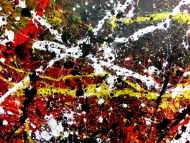 Detailaufnahme Sehr abstraktes Acrylgemälde in dunklen Farben mit schwarz weiß rot und gelb