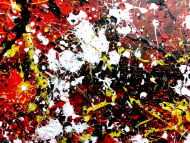 Detailaufnahme Sehr abstraktes Acrylgemälde in dunklen Farben mit schwarz weiß rot und gelb