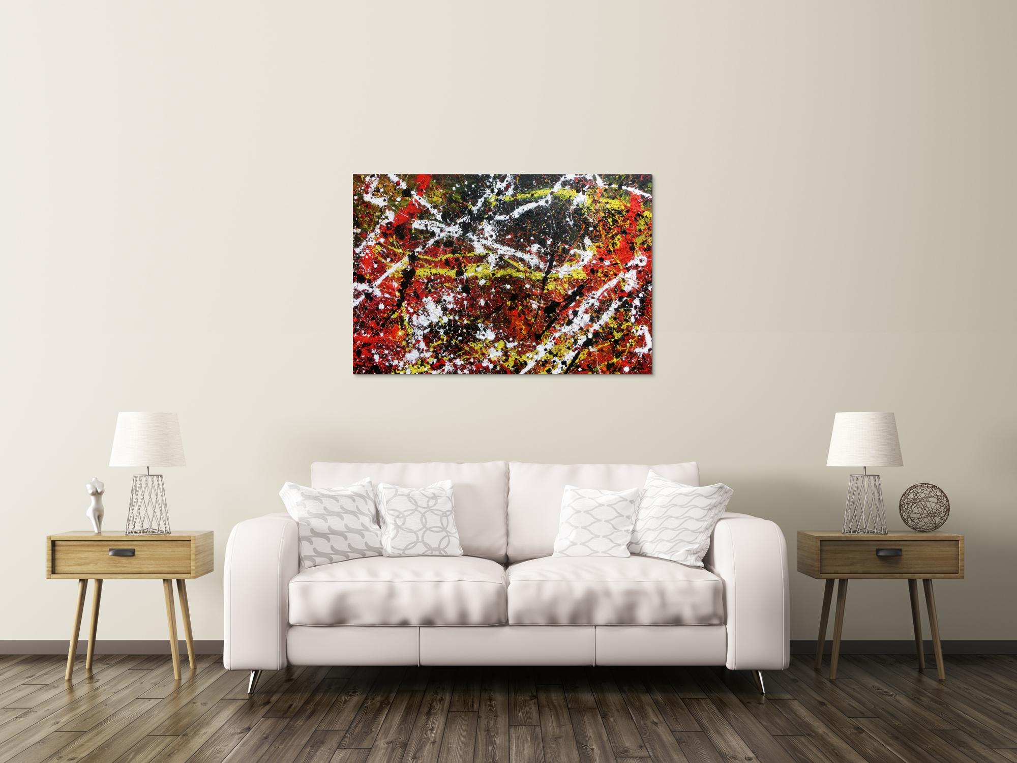 Sehr abstraktes Acrylgemälde in dunklen Farben mit schwarz weiß rot und gelb