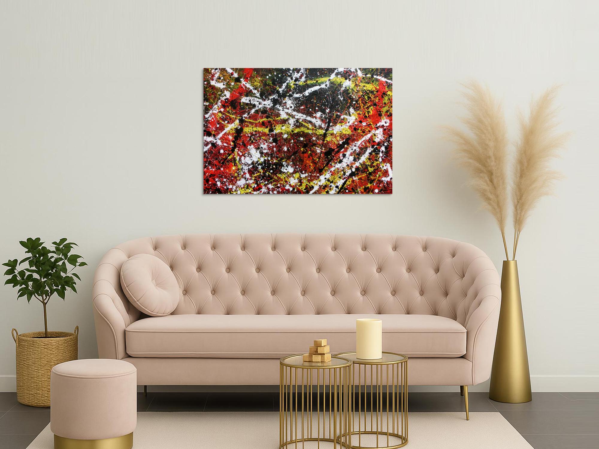 Sehr abstraktes Acrylgemälde in dunklen Farben mit schwarz weiß rot und gelb