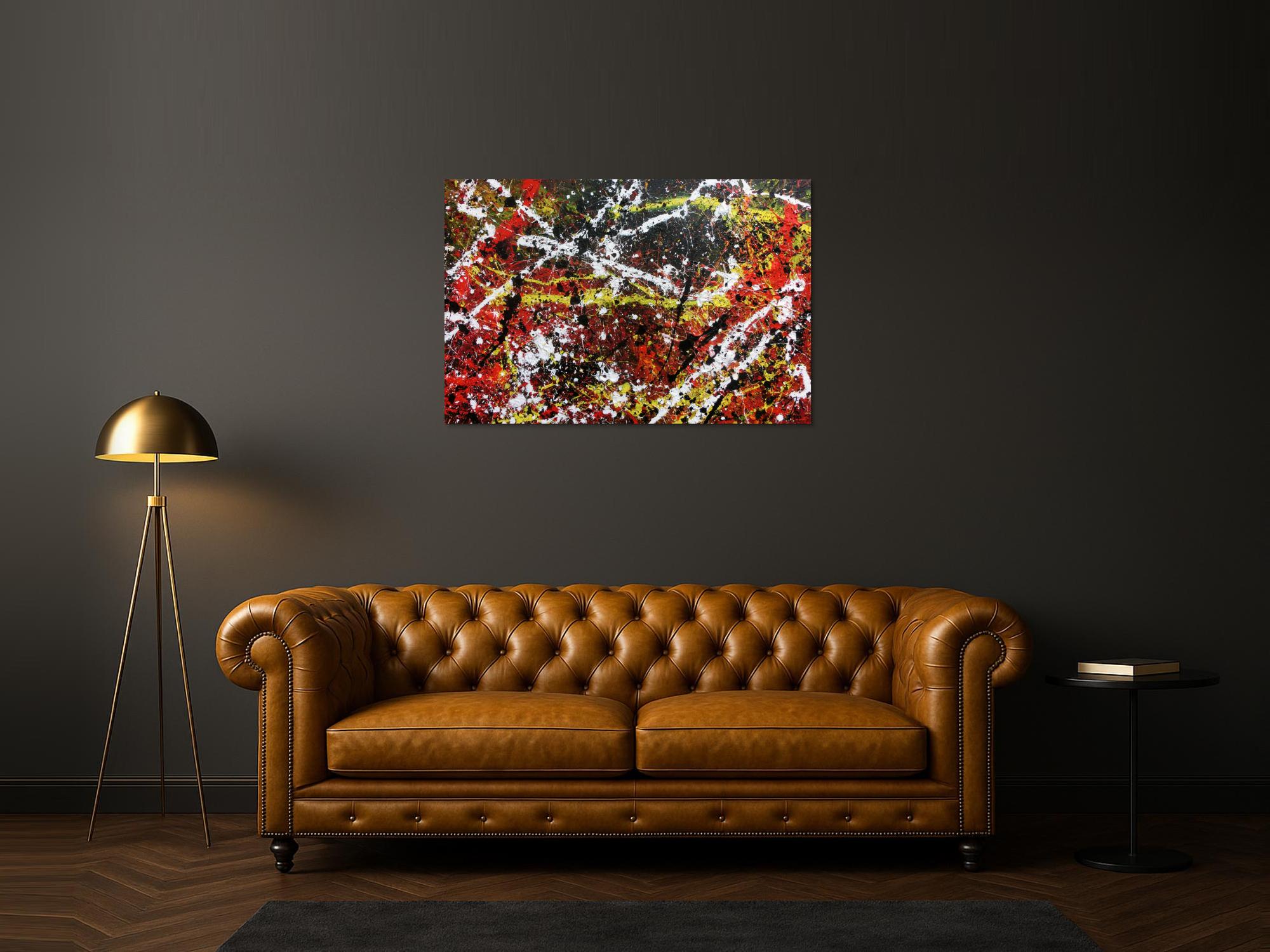 Sehr abstraktes Acrylgemälde in dunklen Farben mit schwarz weiß rot und gelb