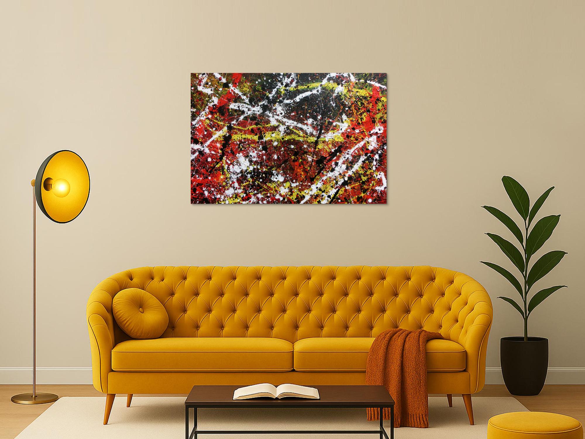 Sehr abstraktes Acrylgemälde in dunklen Farben mit schwarz weiß rot und gelb