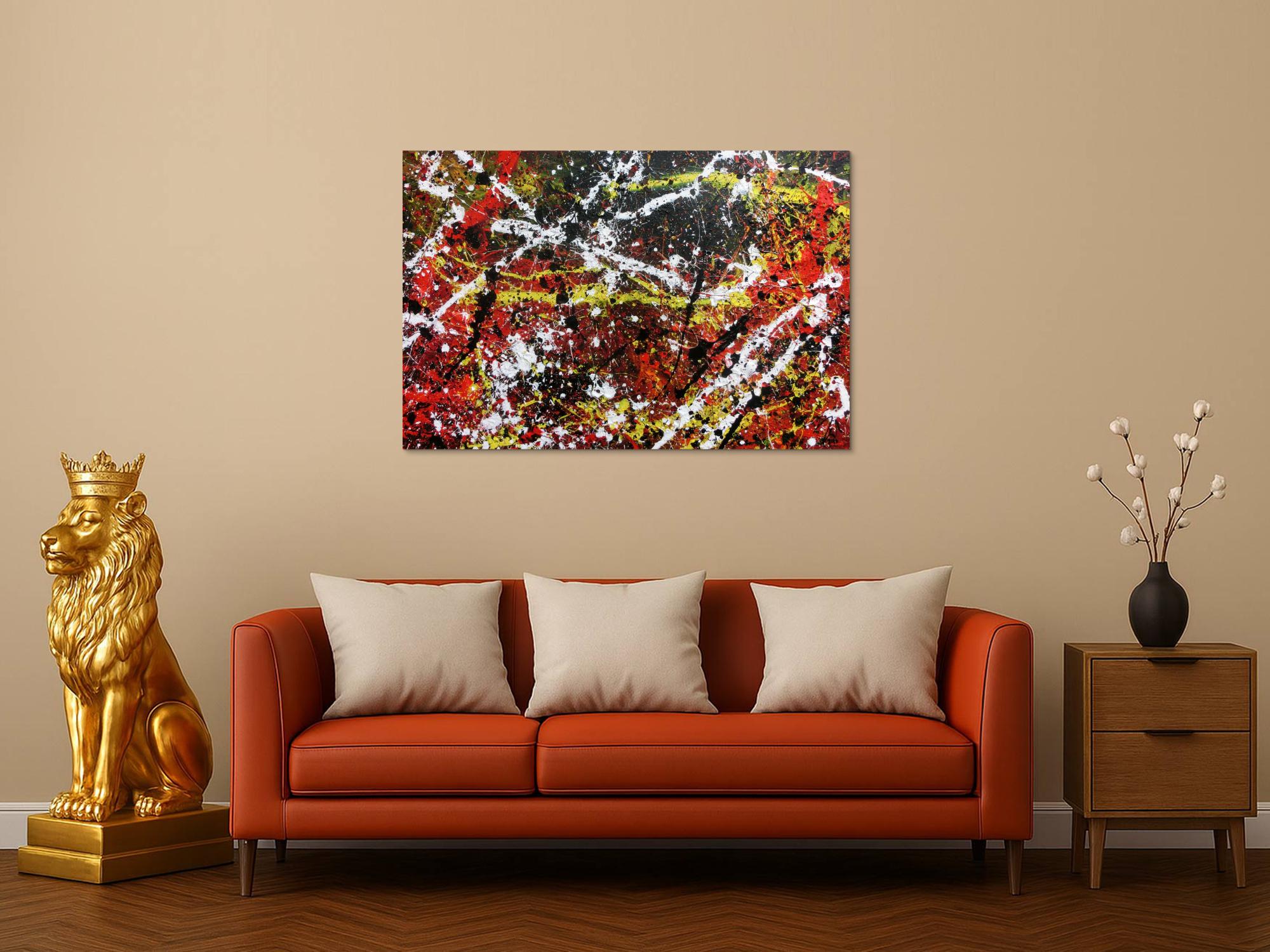 Sehr abstraktes Acrylgemälde in dunklen Farben mit schwarz weiß rot und gelb