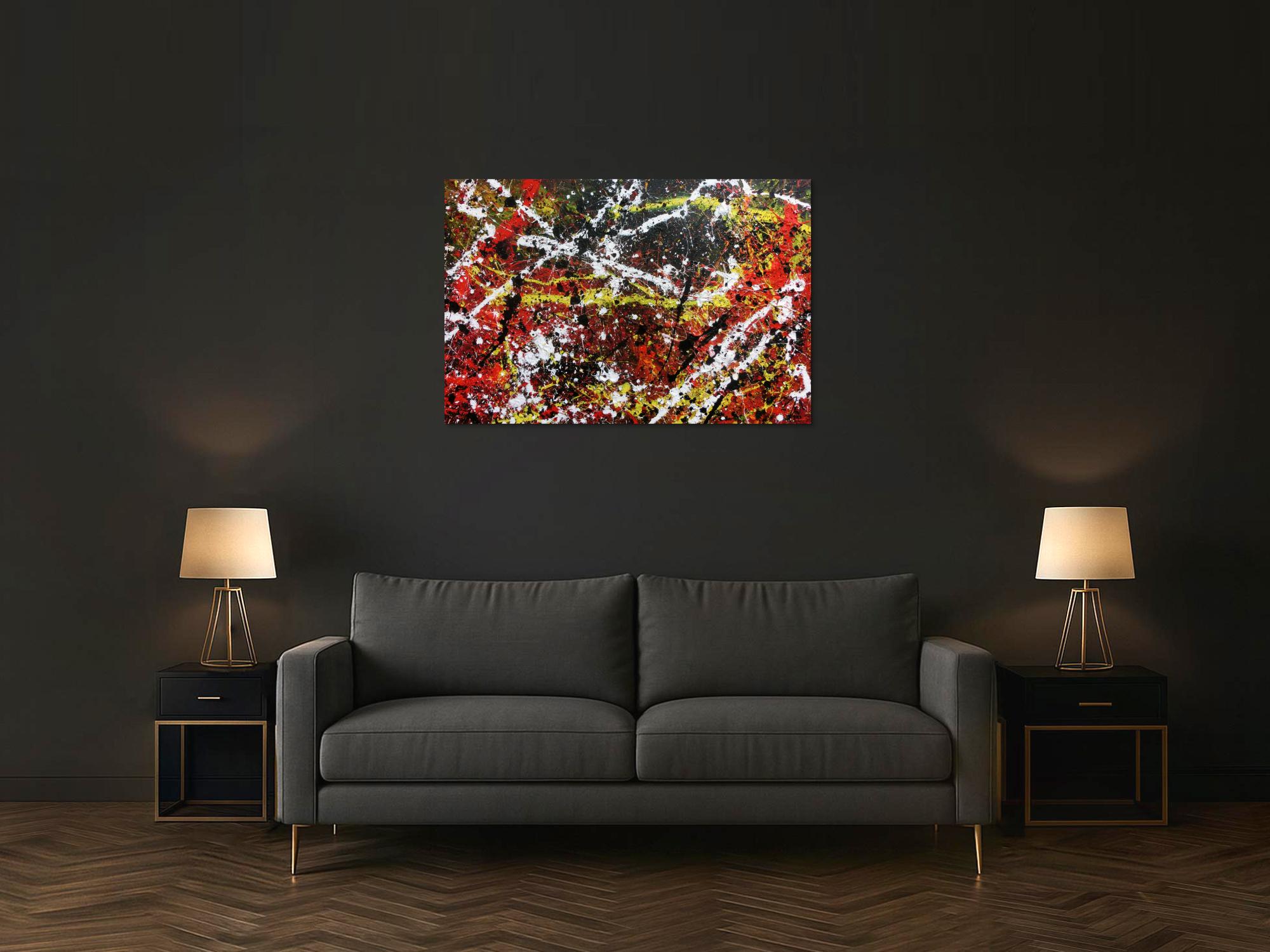 Sehr abstraktes Acrylgemälde in dunklen Farben mit schwarz weiß rot und gelb