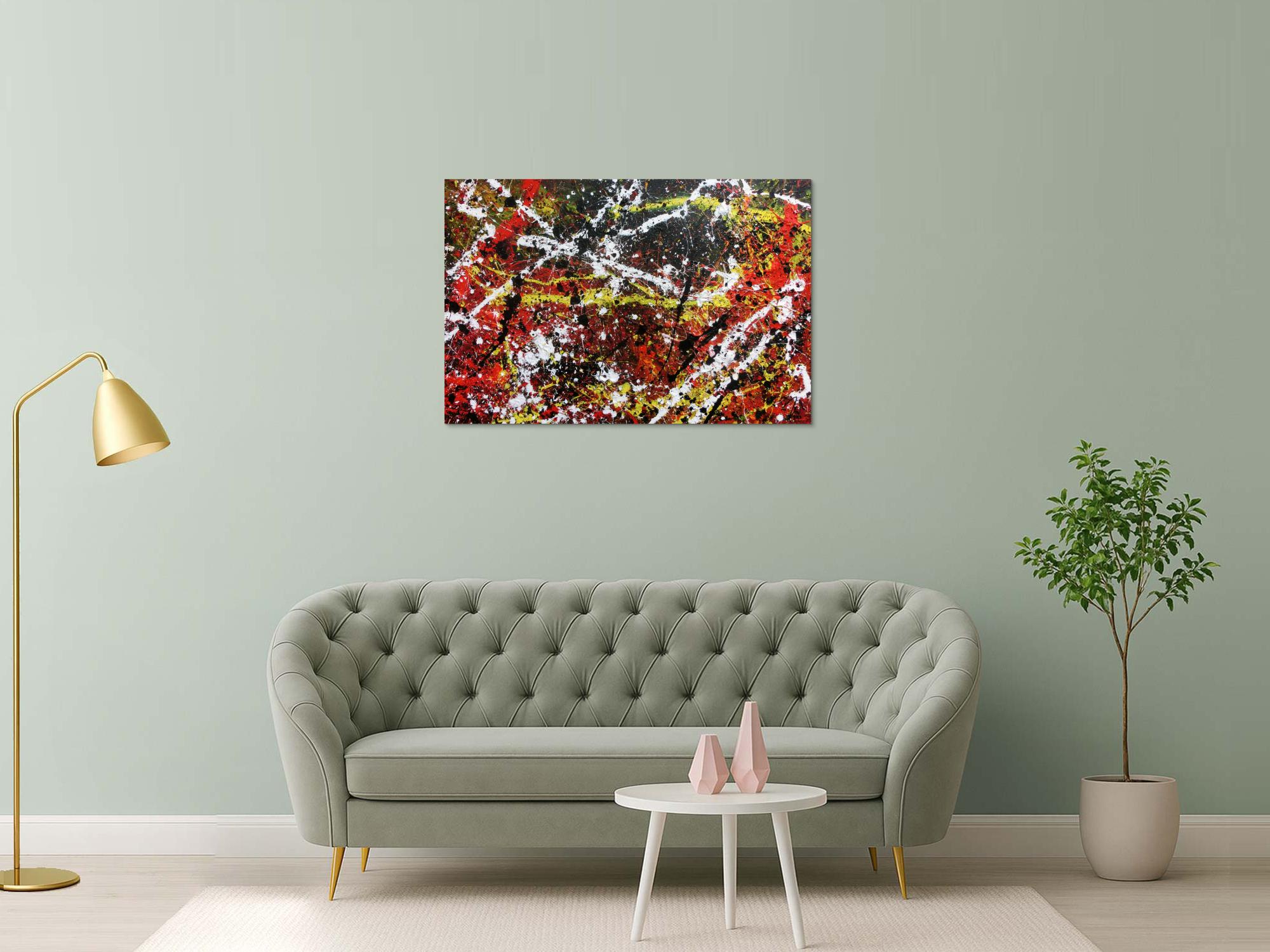 Sehr abstraktes Acrylgemälde in dunklen Farben mit schwarz weiß rot und gelb