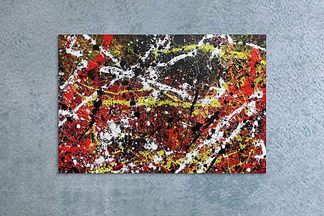 Sehr abstraktes Acrylgemälde in dunklen Farben mit schwarz weiß rot und gelb