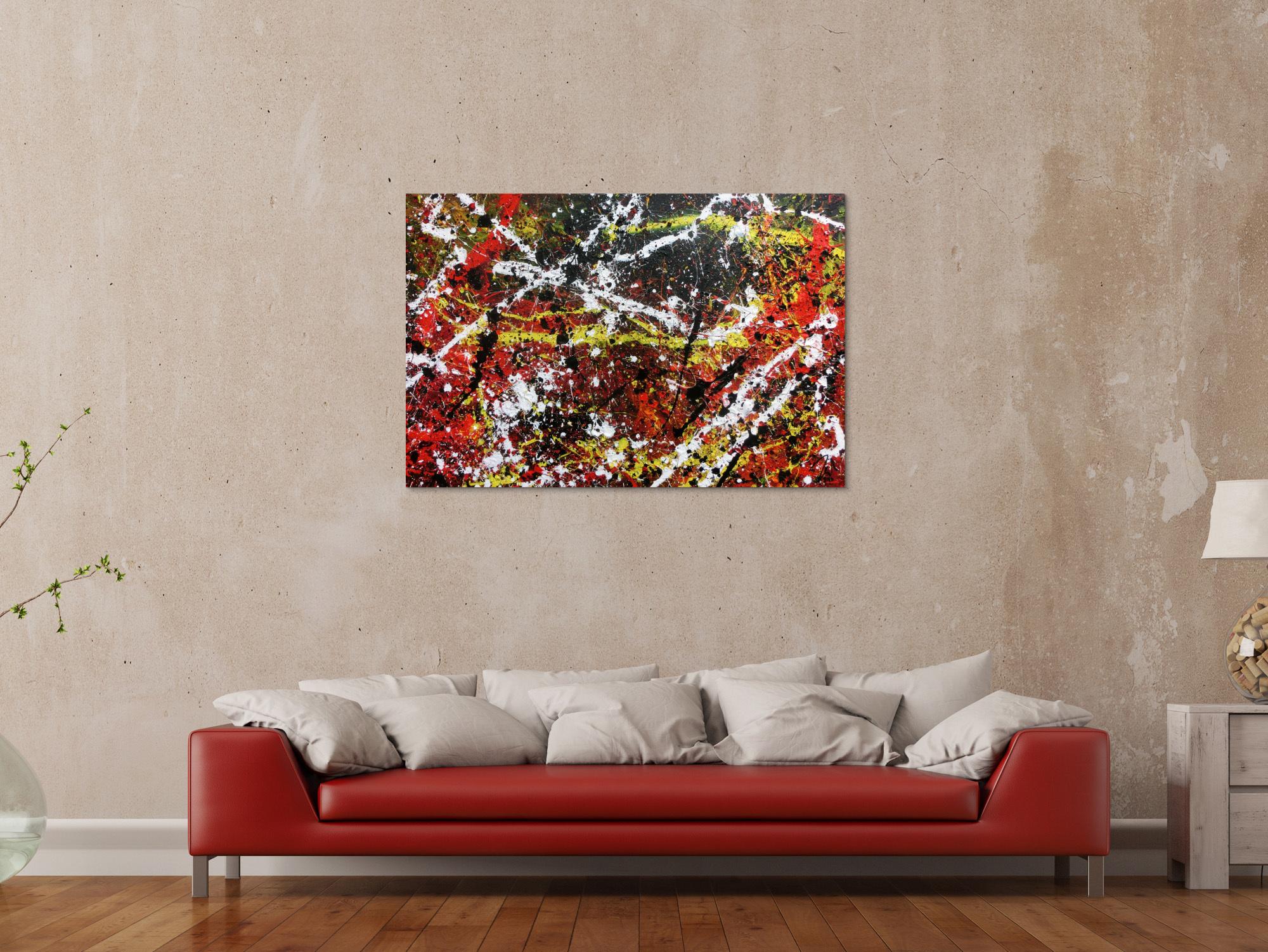 Sehr abstraktes Acrylgemälde in dunklen Farben mit schwarz weiß rot und gelb