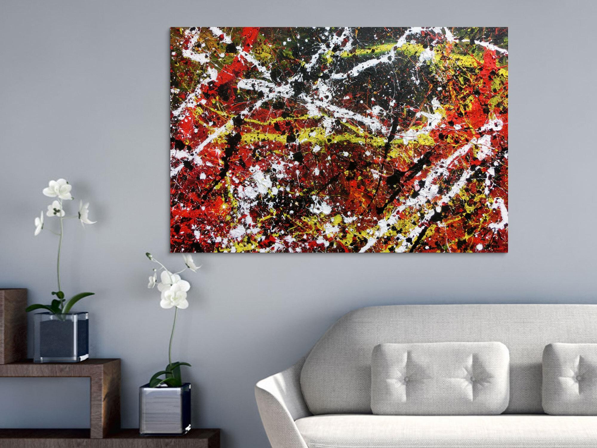 Sehr abstraktes Acrylgemälde in dunklen Farben mit schwarz weiß rot und gelb