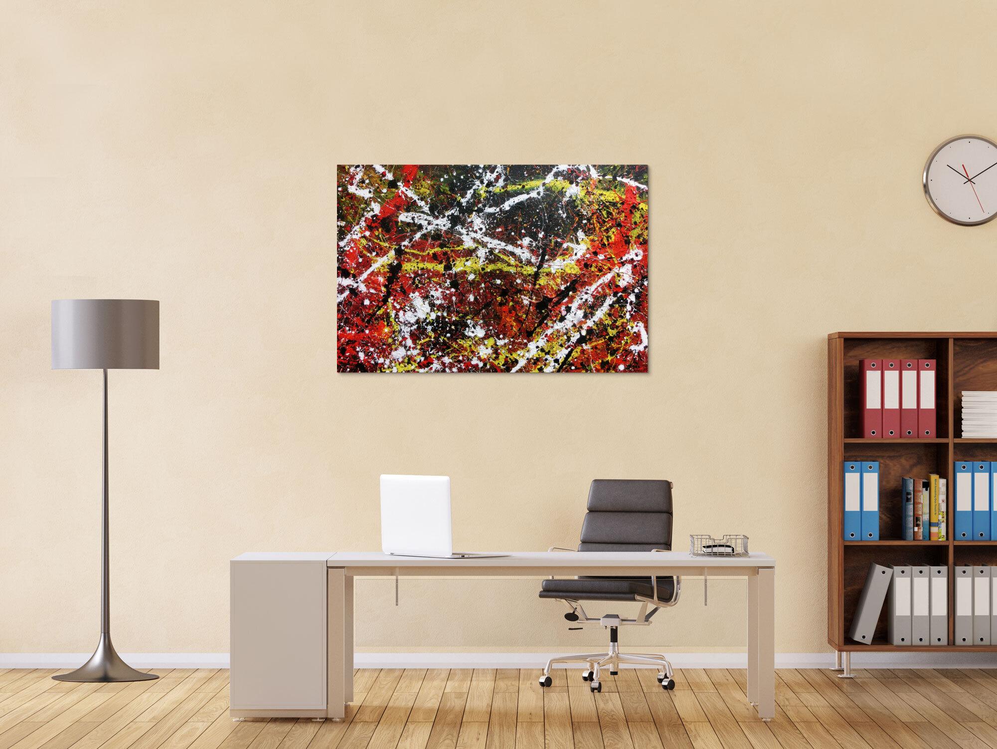 Sehr abstraktes Acrylgemälde in dunklen Farben mit schwarz weiß rot und gelb