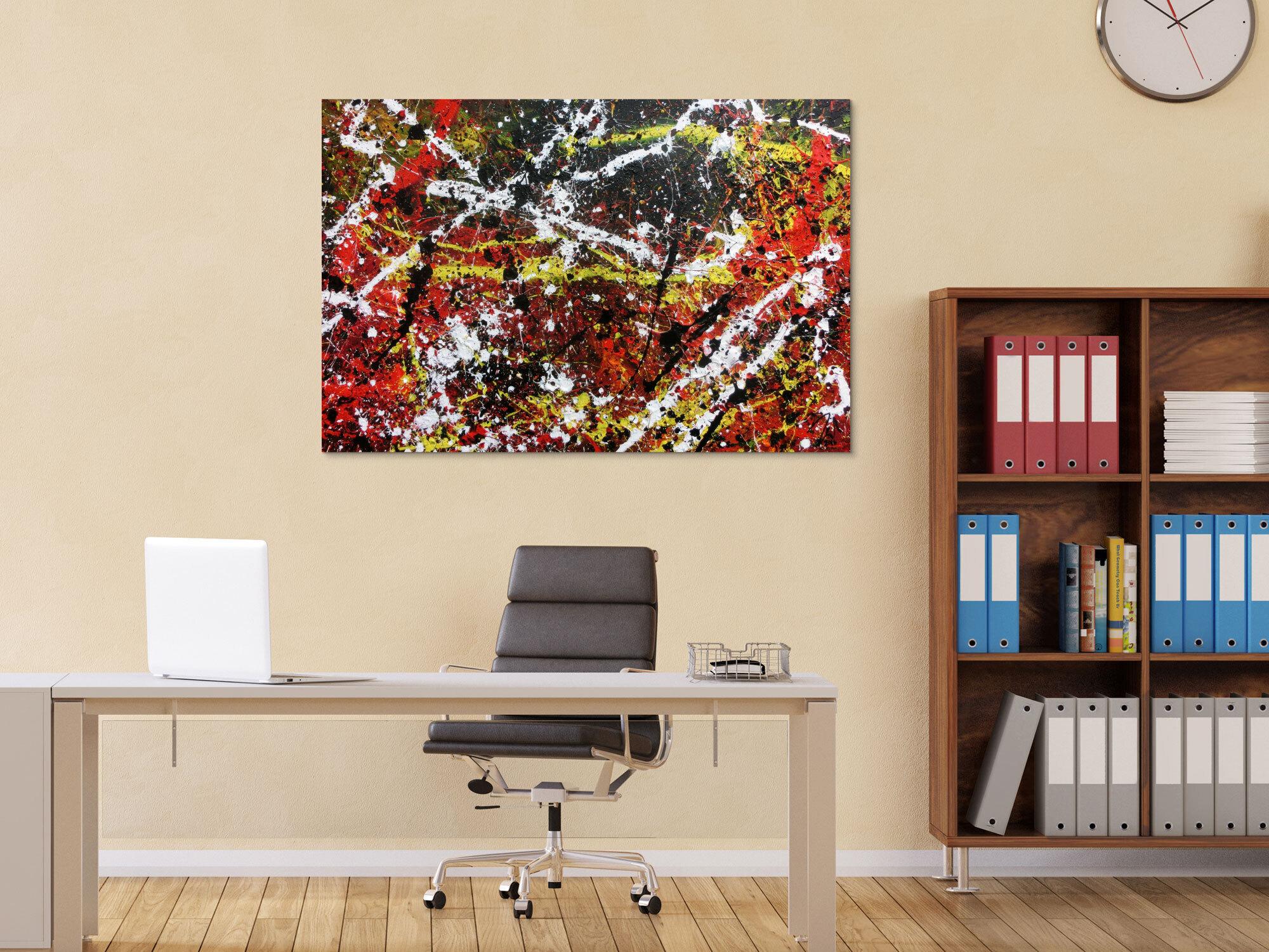 Sehr abstraktes Acrylgemälde in dunklen Farben mit schwarz weiß rot und gelb