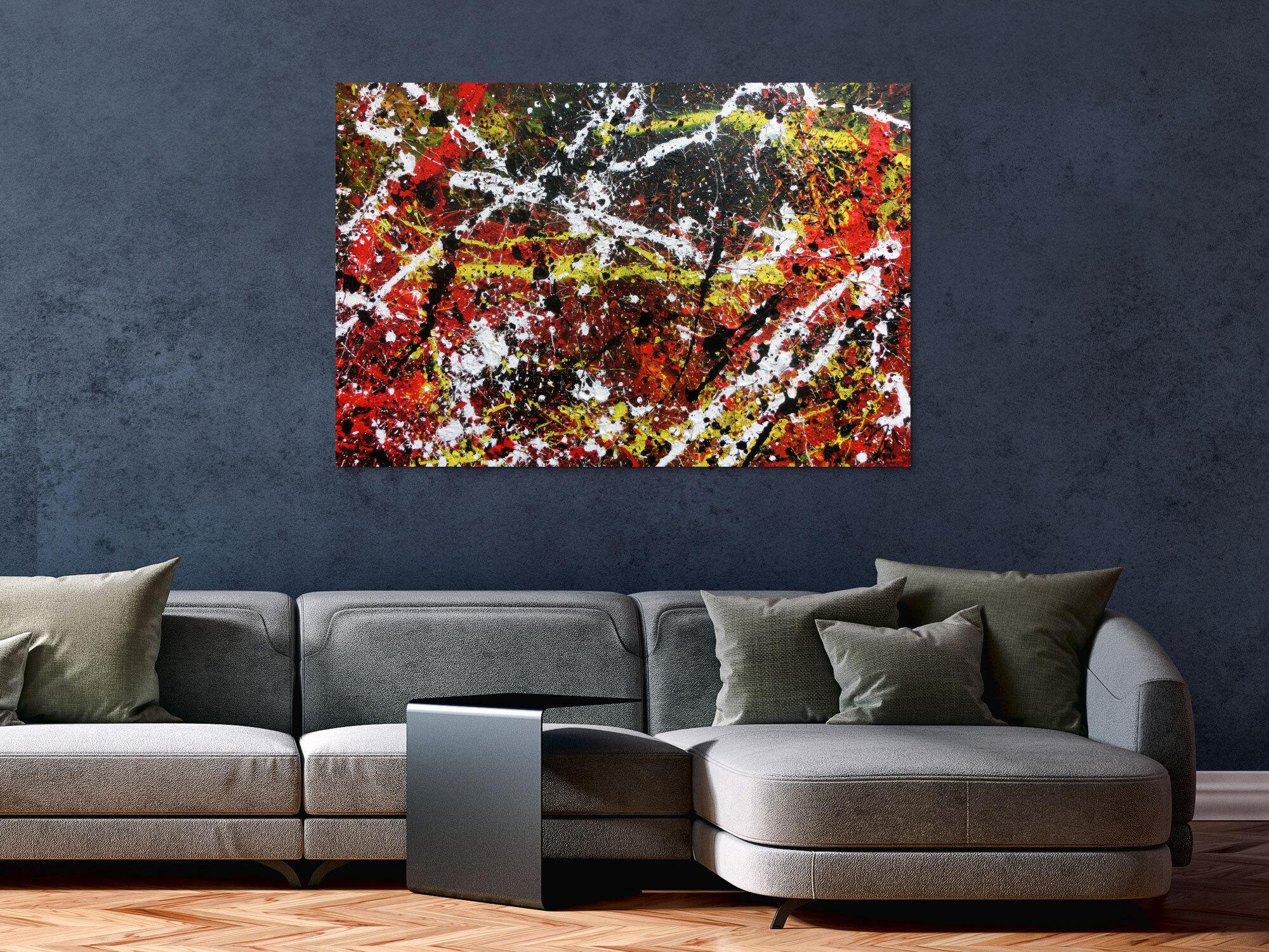 Sehr abstraktes Acrylgemälde in dunklen Farben mit schwarz weiß rot und gelb