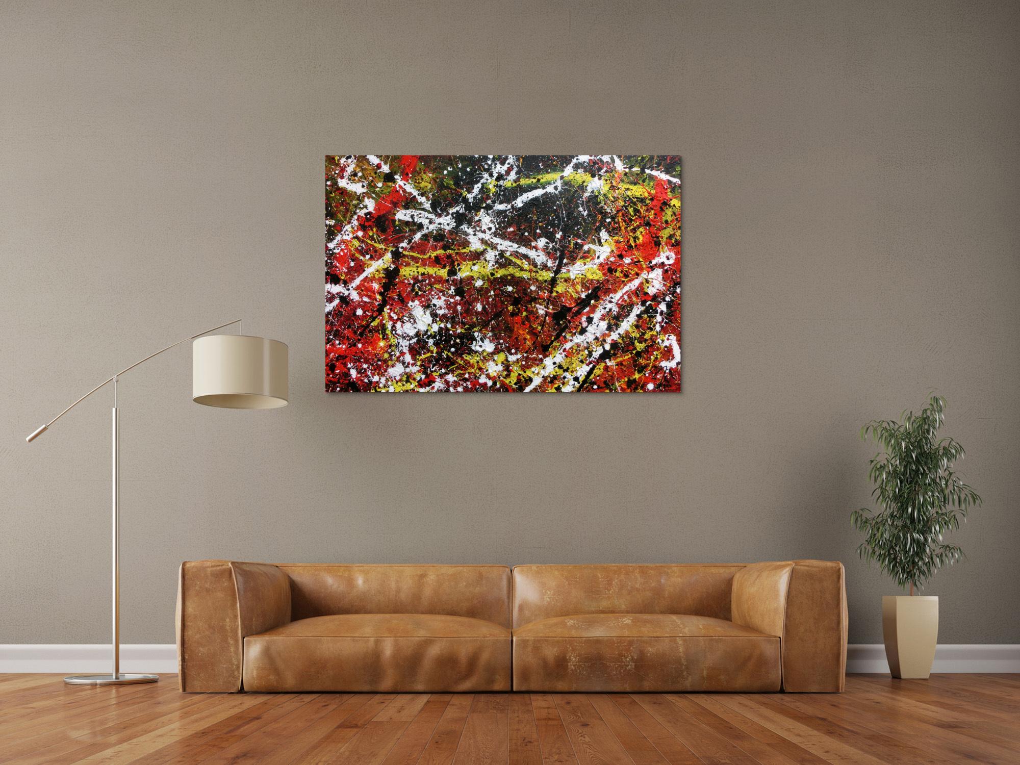 Sehr abstraktes Acrylgemälde in dunklen Farben mit schwarz weiß rot und gelb