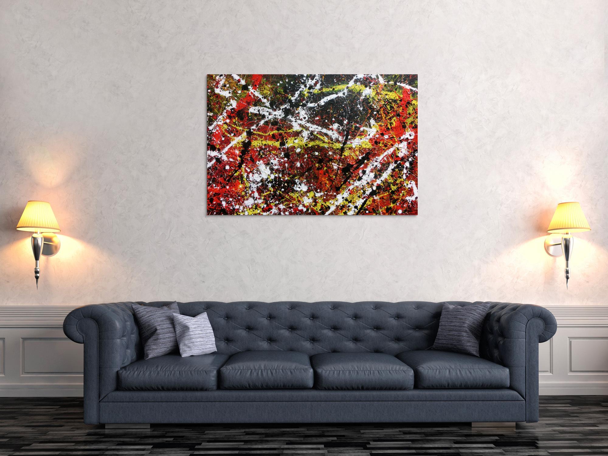 Sehr abstraktes Acrylgemälde in dunklen Farben mit schwarz weiß rot und gelb