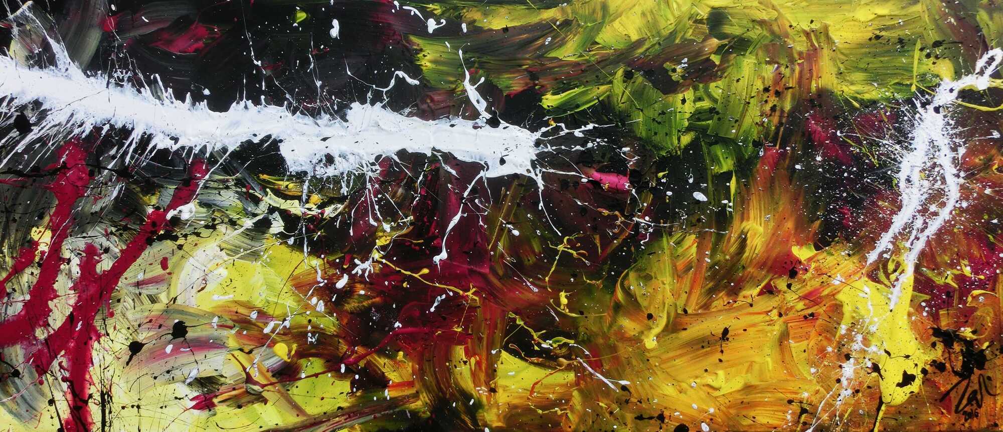 Abstraktes Acrylbild modern in Schwaz gelb weiß und pink