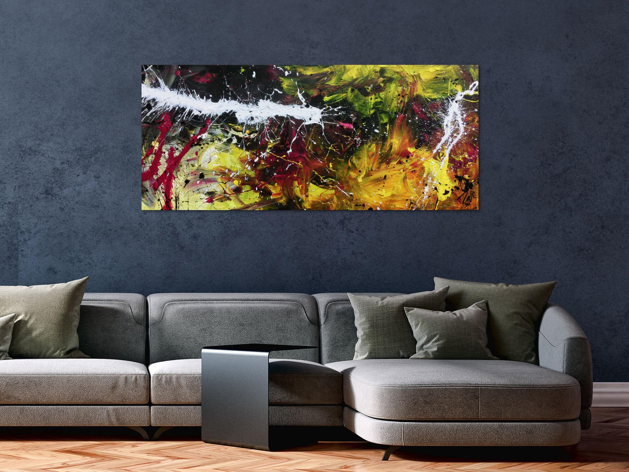 Abstraktes Acrylbild modern in Schwaz gelb weiß und pink